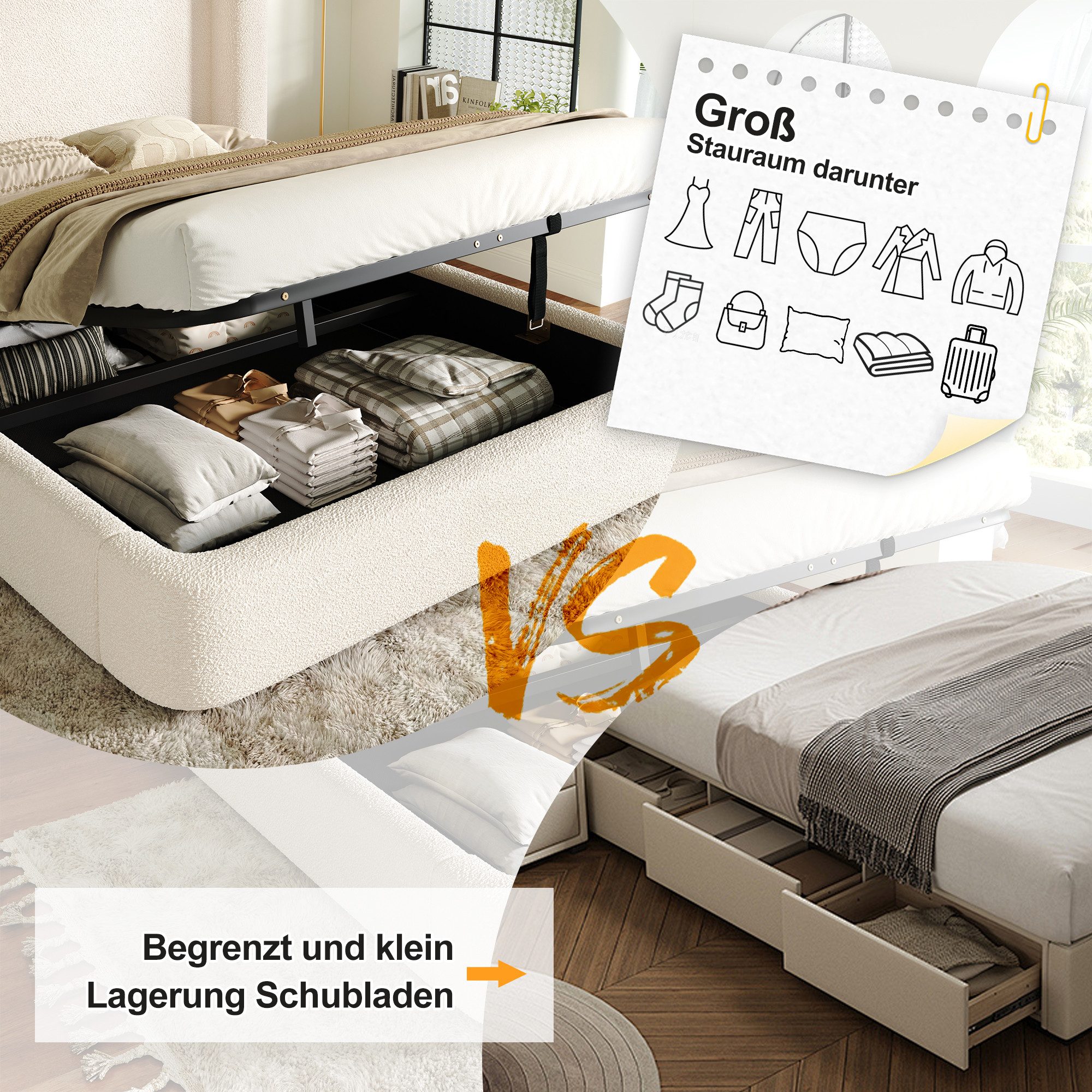 i@home Polsterbett Doppelbett 160 x 200 cm (Doppelbett mit gepolstertem Kopfteil), hydraulischem Stauraum & Lattenrost, Beige – Bild 5 von 5