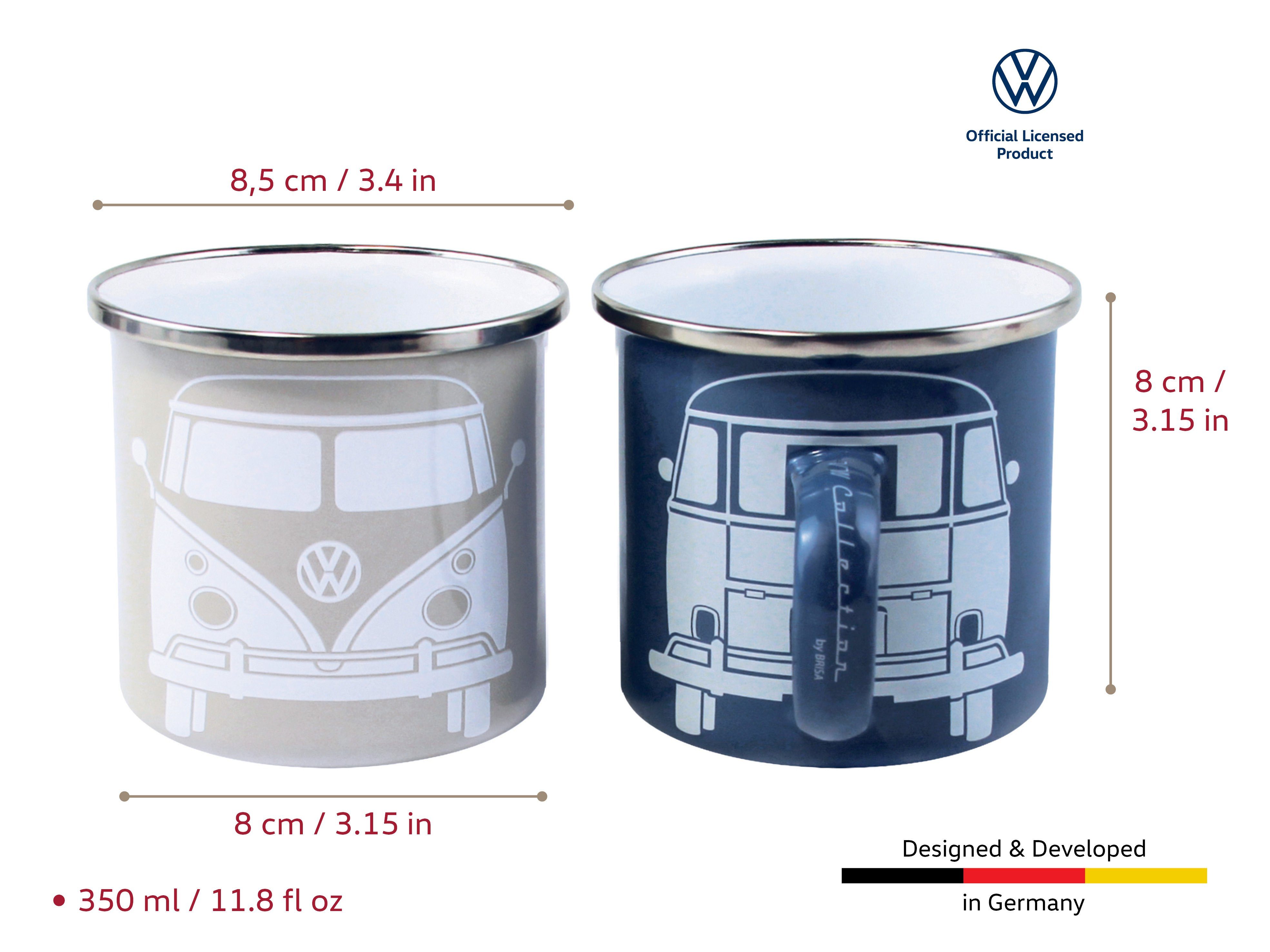 VW Collection by BRISA Tasse Volkswagen 2er Set Emaille Kaffeetasse, Teebecher, Emaille, Teetasse für Camping & Outdoor T1 Bus in verschiedenen Designs