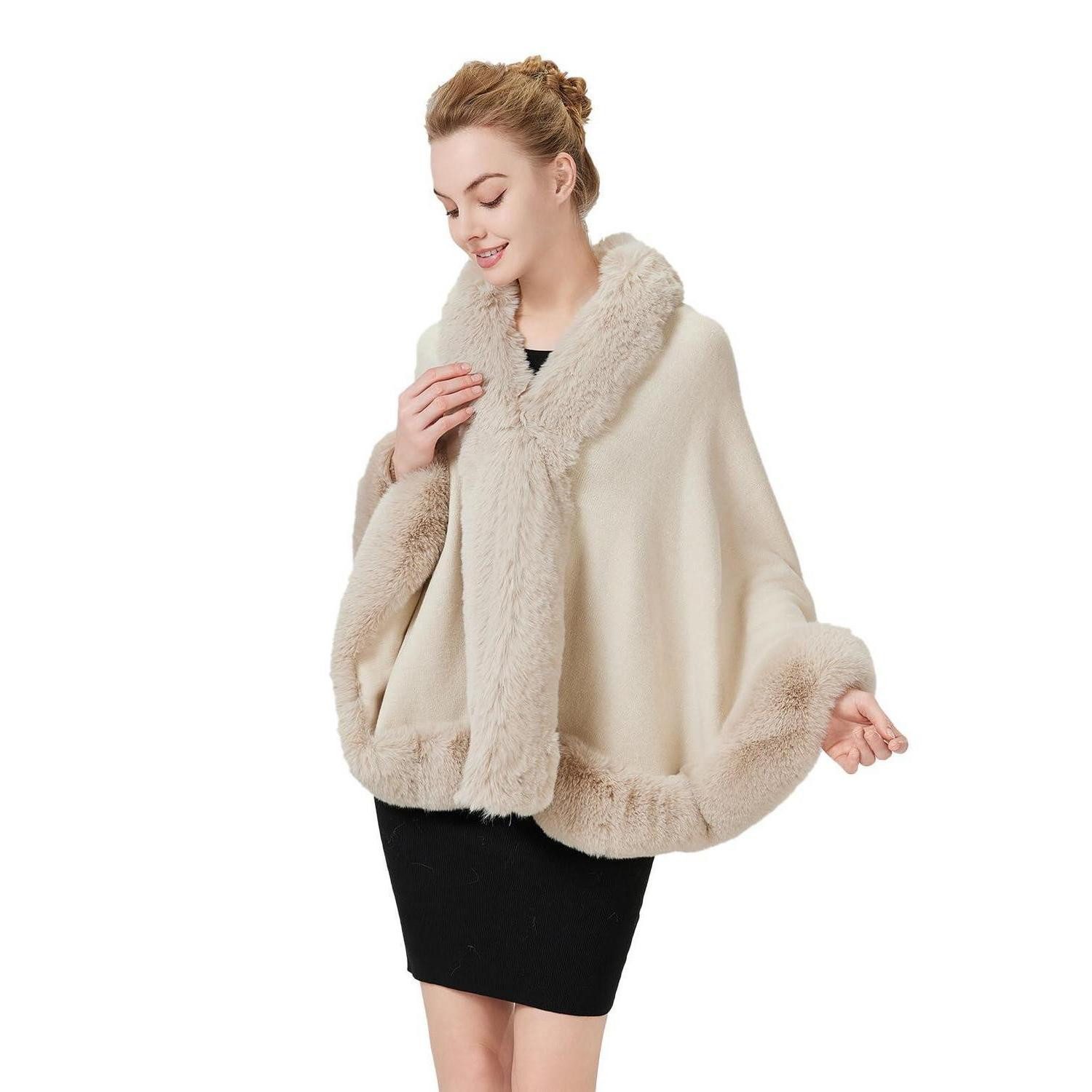 LuxusKollektion Strickschal Kunstpelz Stola Schal Beige Einheitsgröße
