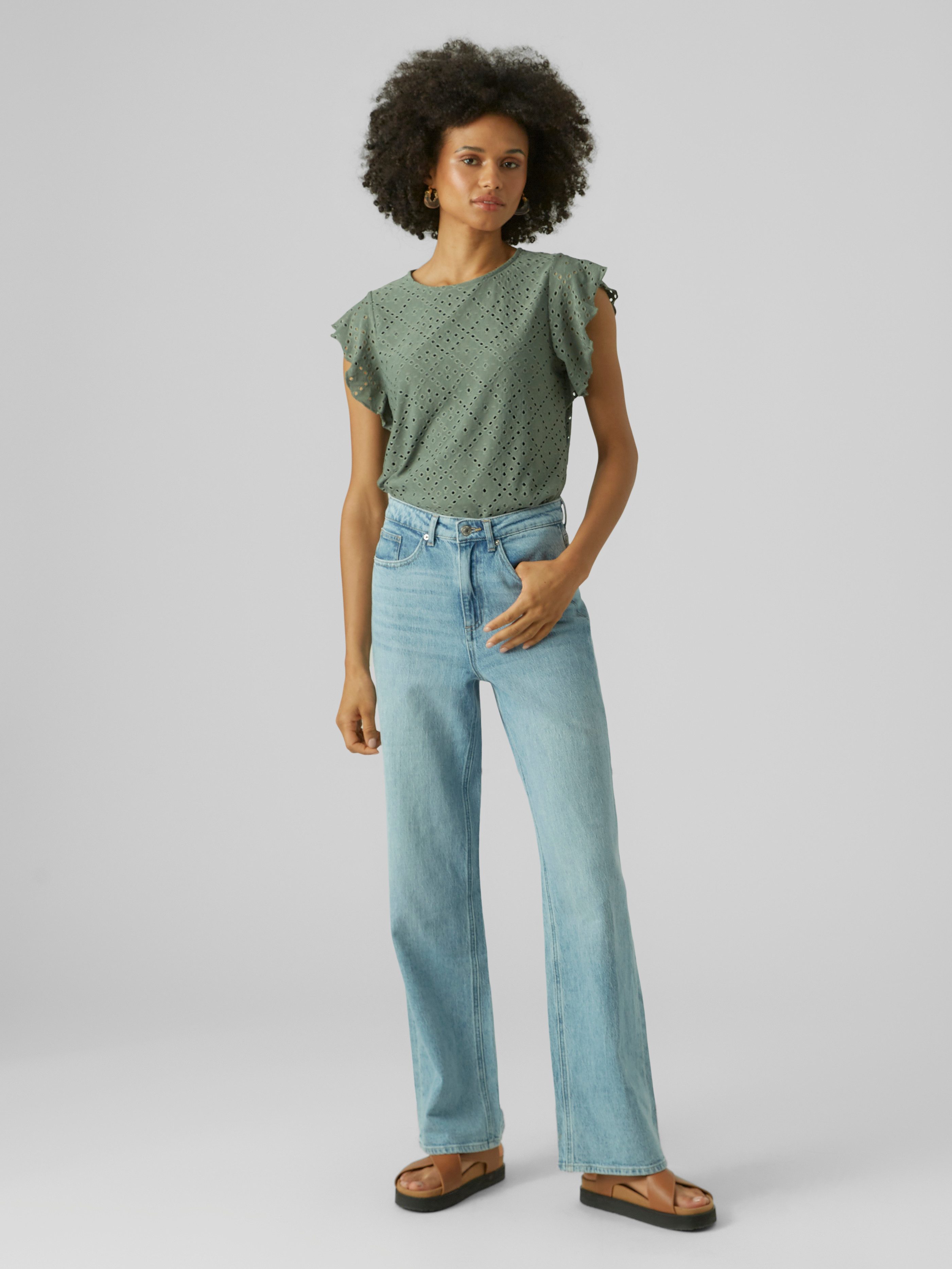 Vero Moda Rundhalsshirt VMTASSA SL FRILL TOP NOOS Materialmix, loose fit