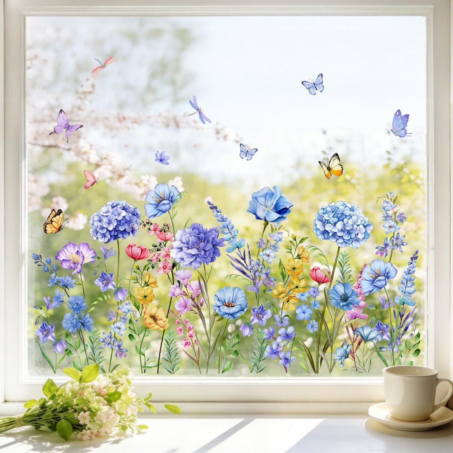 LuxusKollektion Fensterbild Fensteraufkleber Blaue Blume Schmetterling 60x30cm