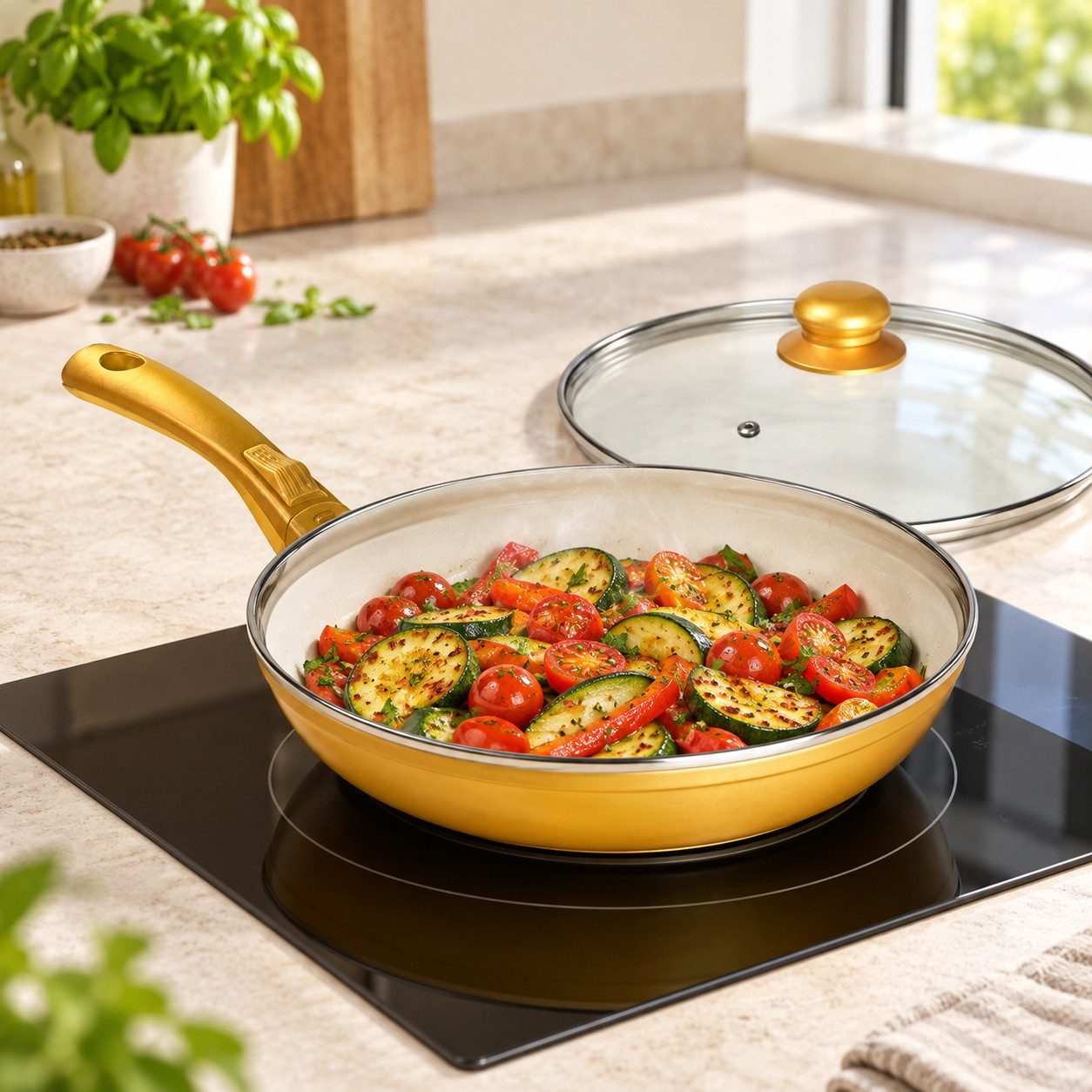 Genius Pfannen-Set Genius Cerafit Gold Pfanne Set 2 Teilg mit Glasdeckel Ø 24cm Griff, Edelstahl, Aluminium, Keramik, Glas (Set bestehend aus Pfanne und Glasdeckel)