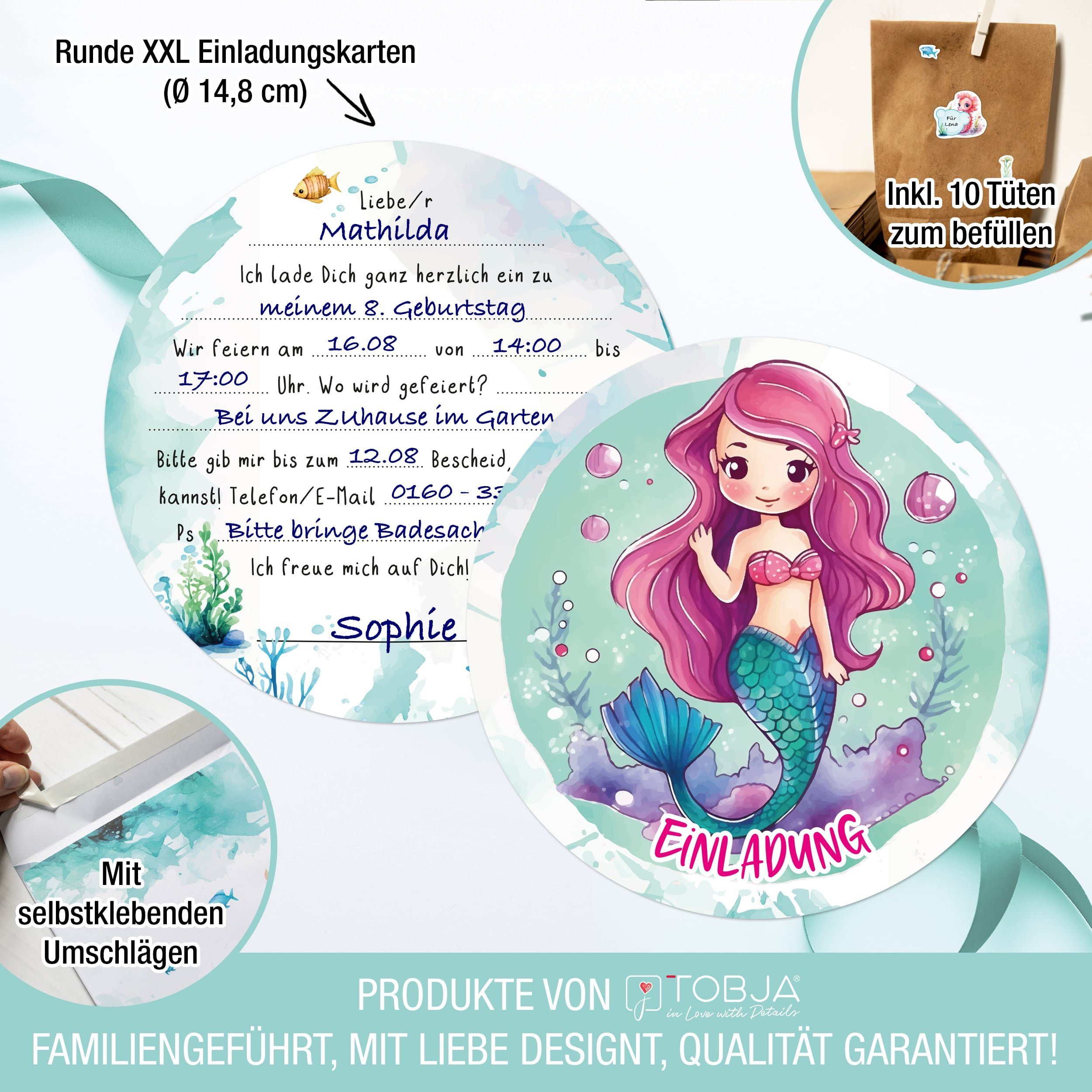 TOBJA Grußkarte Einladungskarten & Mitgebseltüten Meerjungfrau, Kindergeburtstag Mädchen Geburtstag Einladung Kinder