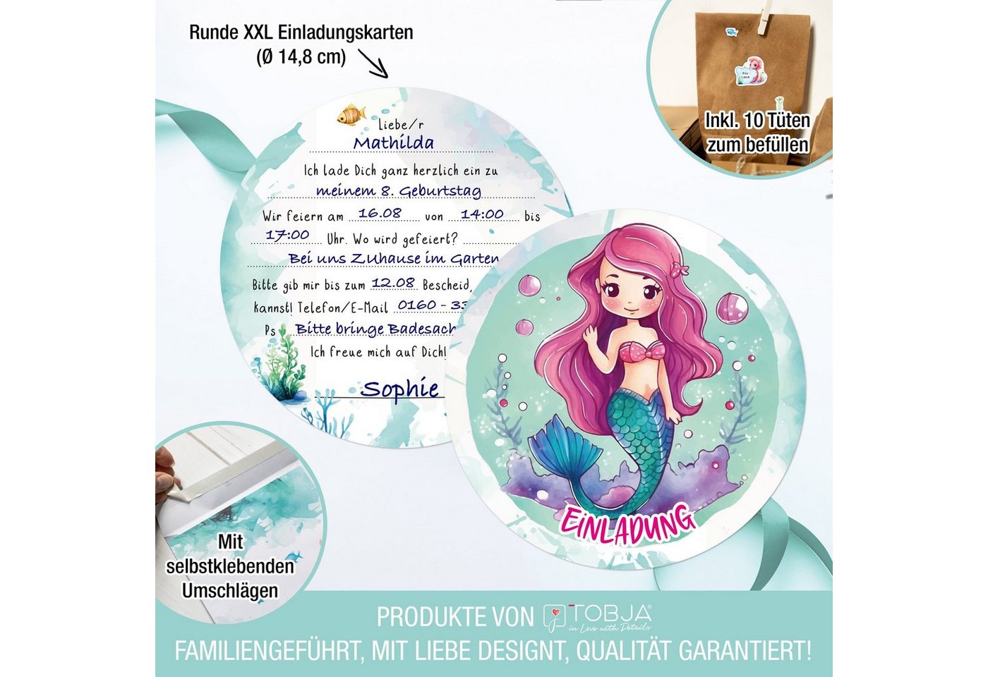 Thumbnail - TOBJA Grußkarte Einladungskarten & Mitgebseltüten Meerjungfrau, Kindergeburtstag Mädchen Geburtstag Einladung Kinder