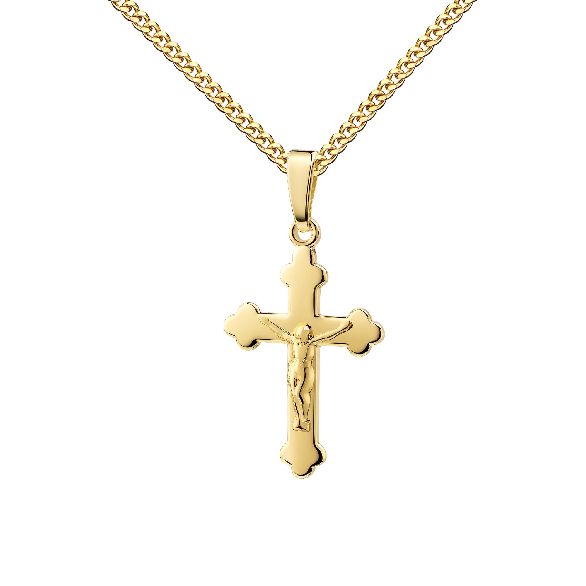JEVELION Kreuzkette kleines Kruzifix Kreuz 333 Gold - Made in Germany (Goldkreuz, für Damen und Mädchen), Mit Kette vergoldet- Länge wählbar 36 - 70 cm oder ohne Kette.