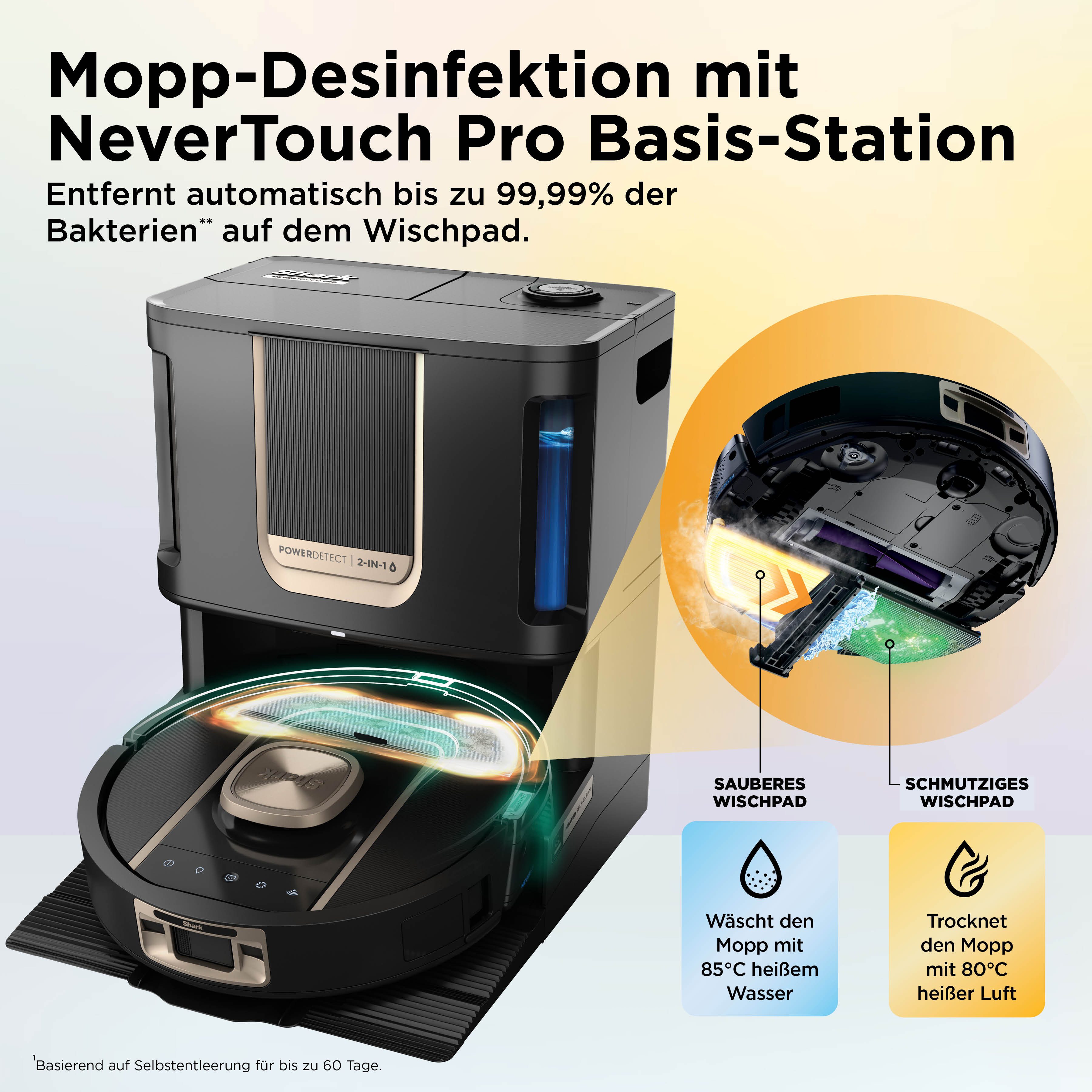Shark Saugroboter Shark ThermaCharged PowerDetect Saugroboter RV2900XEEU, 650 W, beutellos, beheizte Basisstation verwendet 85°C heißes Wasser und 80°C warme Luft