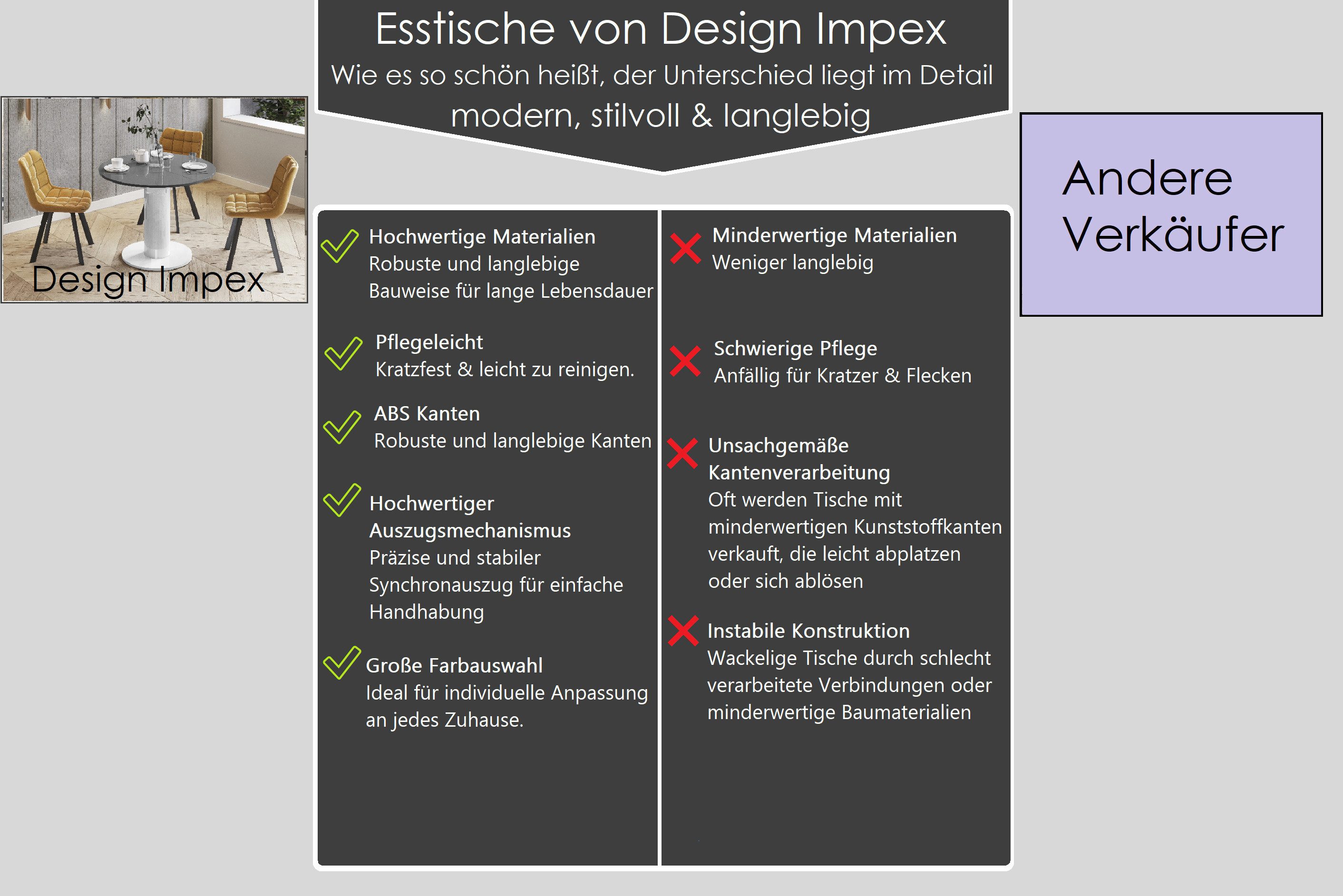 designimpex Esstisch Design HES-111 Tisch rund oval Hochglanz ausziehbar 100-148cm