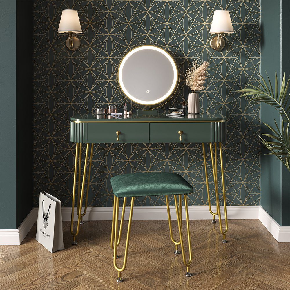 Vicco Schminktisch Grace, Dunkelgrün Hochglanz, 100 cm mit LED Beleuchtung günstig online kaufen