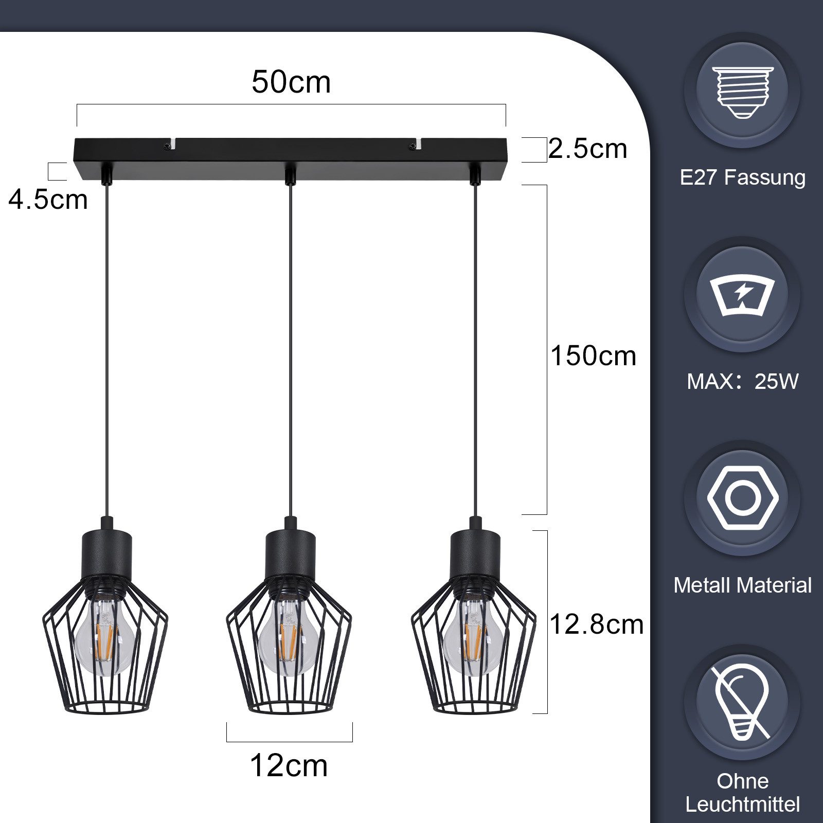 Nettlife Pendelleuchte Retro Schwarz Esstisch E27 Metall Industrie Stil Hängelampe, ohne Leuchtmittel, Wohnzimmer Küche Schlafzimmer Cafe – Bild 5 von 5