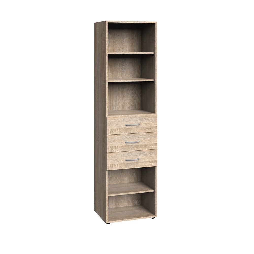 Lomadox Regal MIAMI-43, Eiche, 3 Schubladen, 5 offene Fächer, ca. 30/185/40 cm