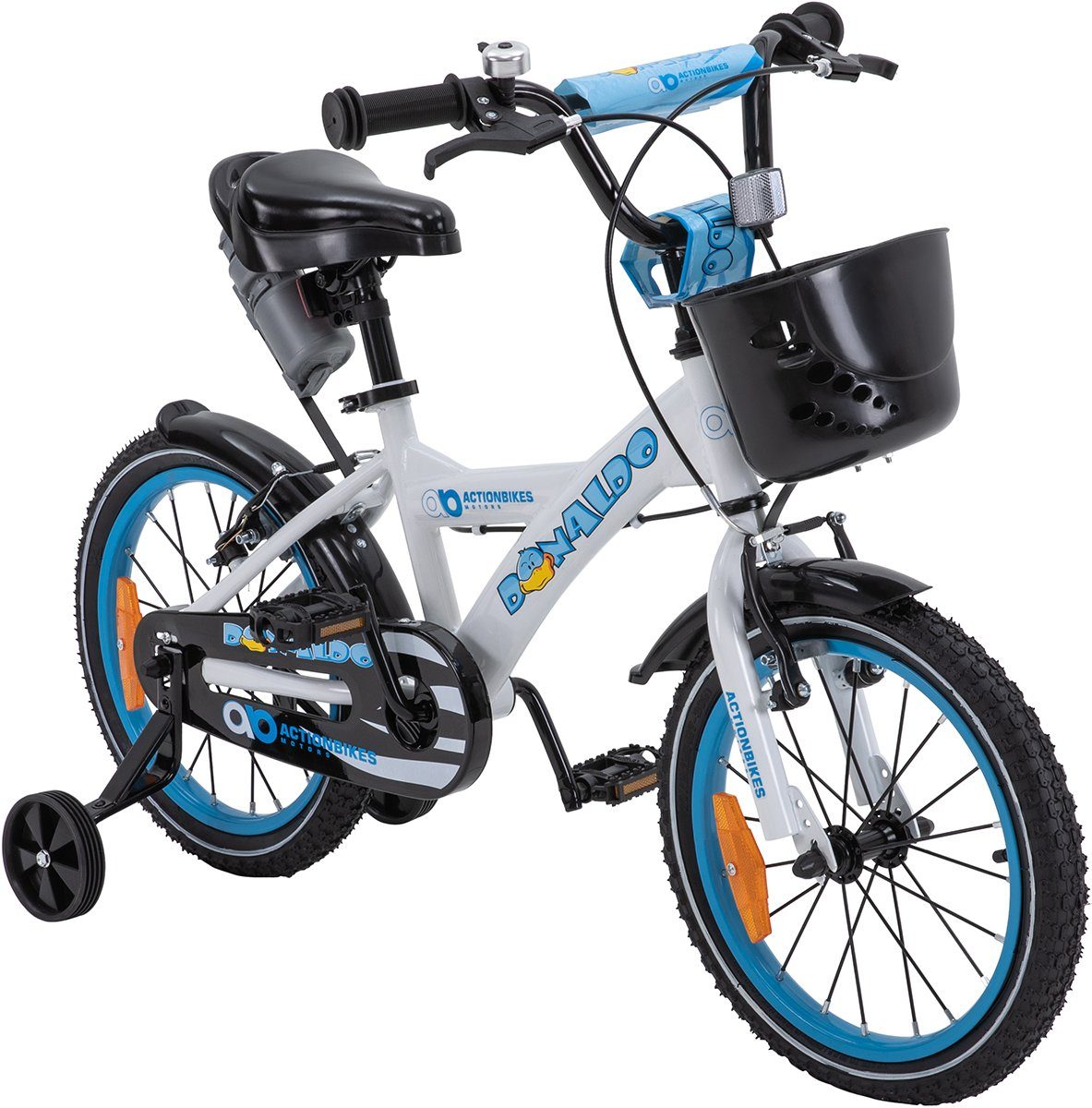 Actionbikes Motors Kinderfahrrad Kinder Fahrrad Велосипеды BMX Donaldo inkl. Korb - weiß / blau, 1 Gang, ohne Schaltung, (16 Zoll, ab 105 cm Körpergröße, max. Zuladung 40 kg, abnehmbare Stützräder, Klingel, Trinkflasche inkl. Halterung, Reflektoren, Antirutschgriffe, Lenkerschutz, 1-tlg., V-Brake-Bremsen, Luftbereifung, Schutzbleche, weiß / blau), höhenverstellbares Bike Jungen Mädchen Rad Kinderrad ab 4 Jahre