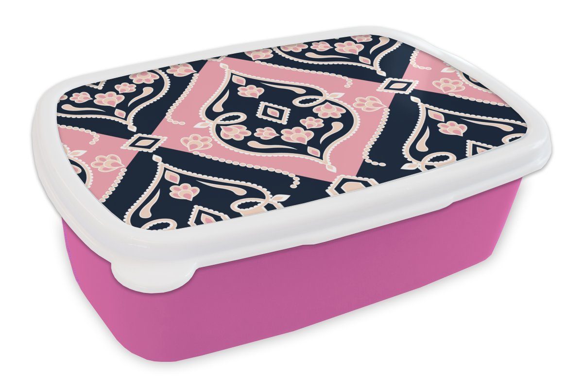 MuchoWow Lunchbox Blumen - Rosa - Ornament - Entwurf, Kunststoff, (2-tlg), Brotbox für Erwachsene, Brotdose Kinder, Snackbox, Mädchen, Kunststoff | Lunchboxen