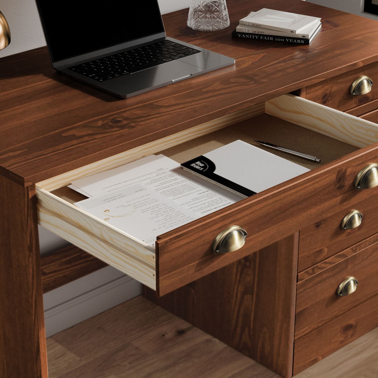 IDIMEX Schreibtisch LANA, Bürotisch mit 5 Schubladen Landhausstil Massivholz Kastanie farben