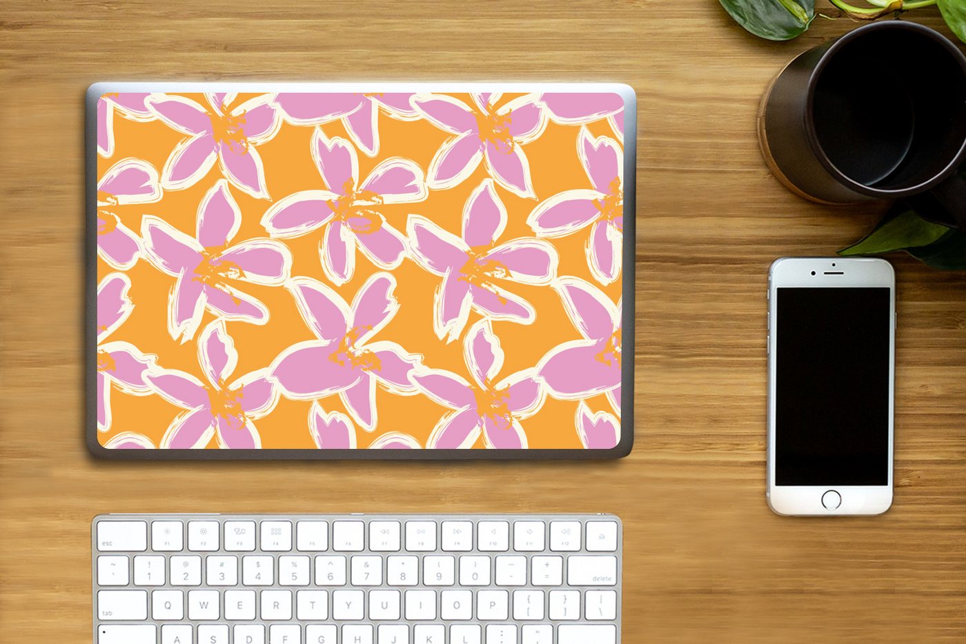 Thumbnail - MuchoWow Laptop-Aufkleber Blumen - Muster - Rosa - Orange, (1tlg), Laptop Folien Cover, Aufkleber, Sticker, Schutz vor K...