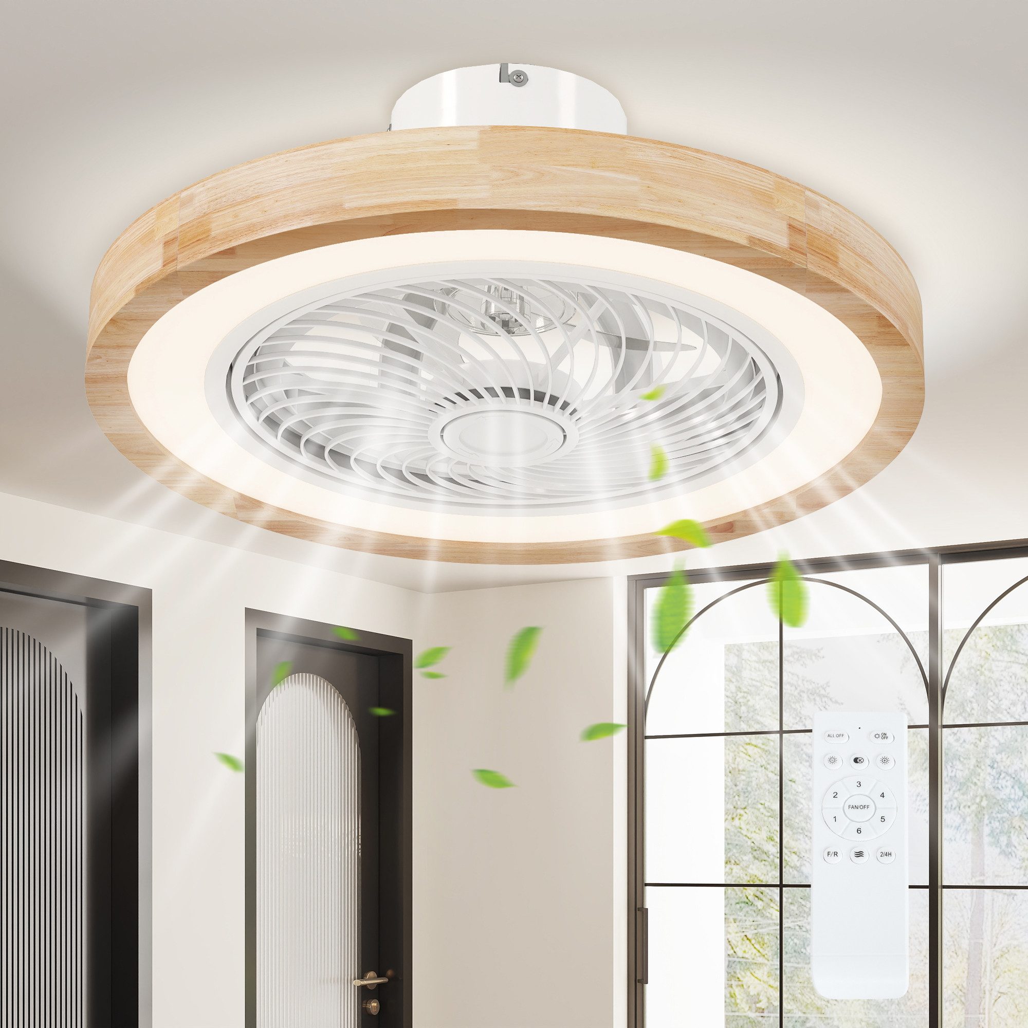 HOMCOM Deckenventilator Dimmbare LED Deckenleuchte mit Ventilator, Timer, DC Motor, 50 cm Durchmesser, umkehrbar für Schlafzimmer Natur 50 cm