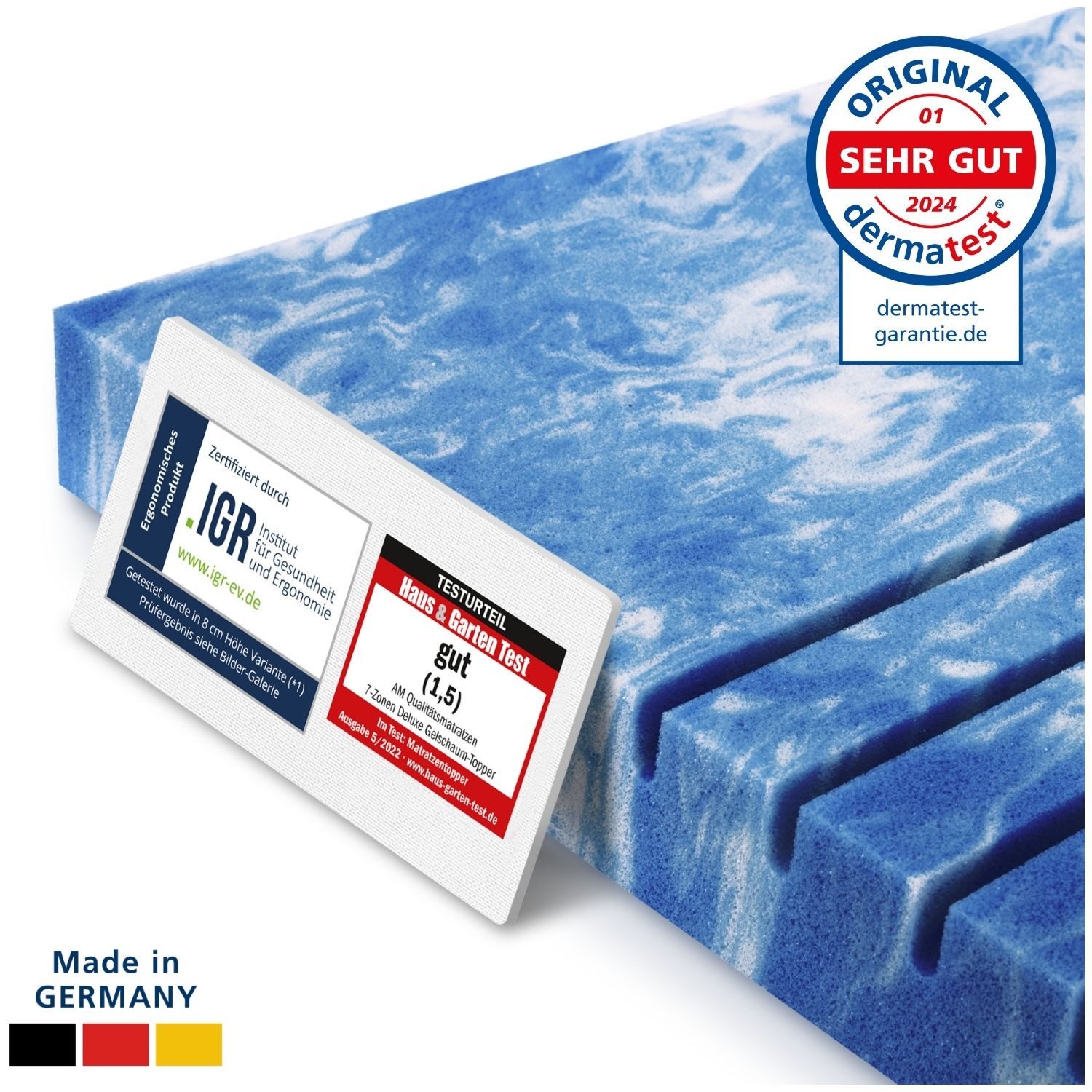 AM Qualitätsmatratzen, Topper 7-Zonen Memory Foam Gelschaum-Topper, Optimale Druckentlastung, RG50, 8 cm hoch, Gelschaum, 80x200 cm