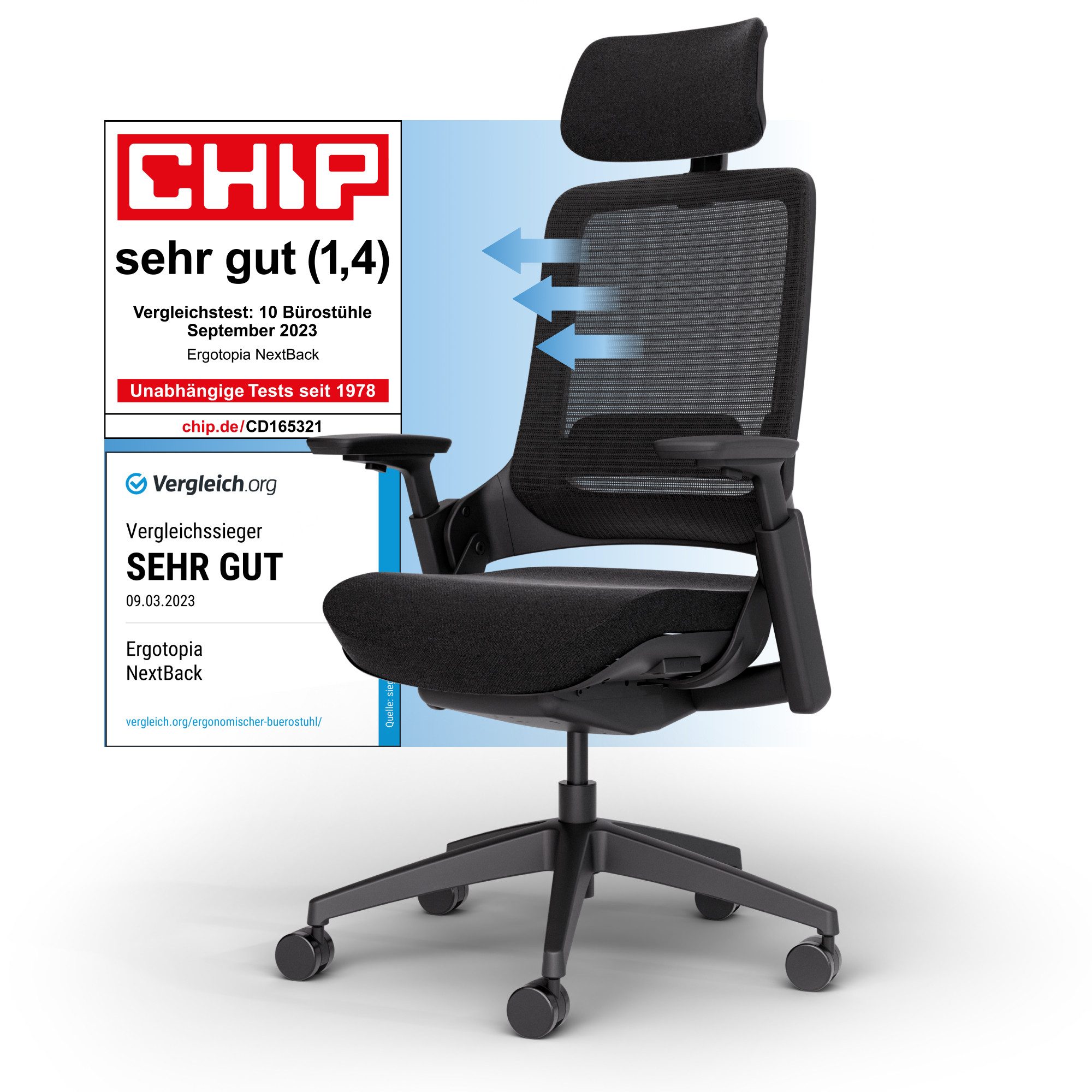 Ergotopia Bürostuhl ergonomischer Schreibtischstuhl NextBack, Drehstuhl mit 3D Armlehnen & verstellbarer Kopfstütze