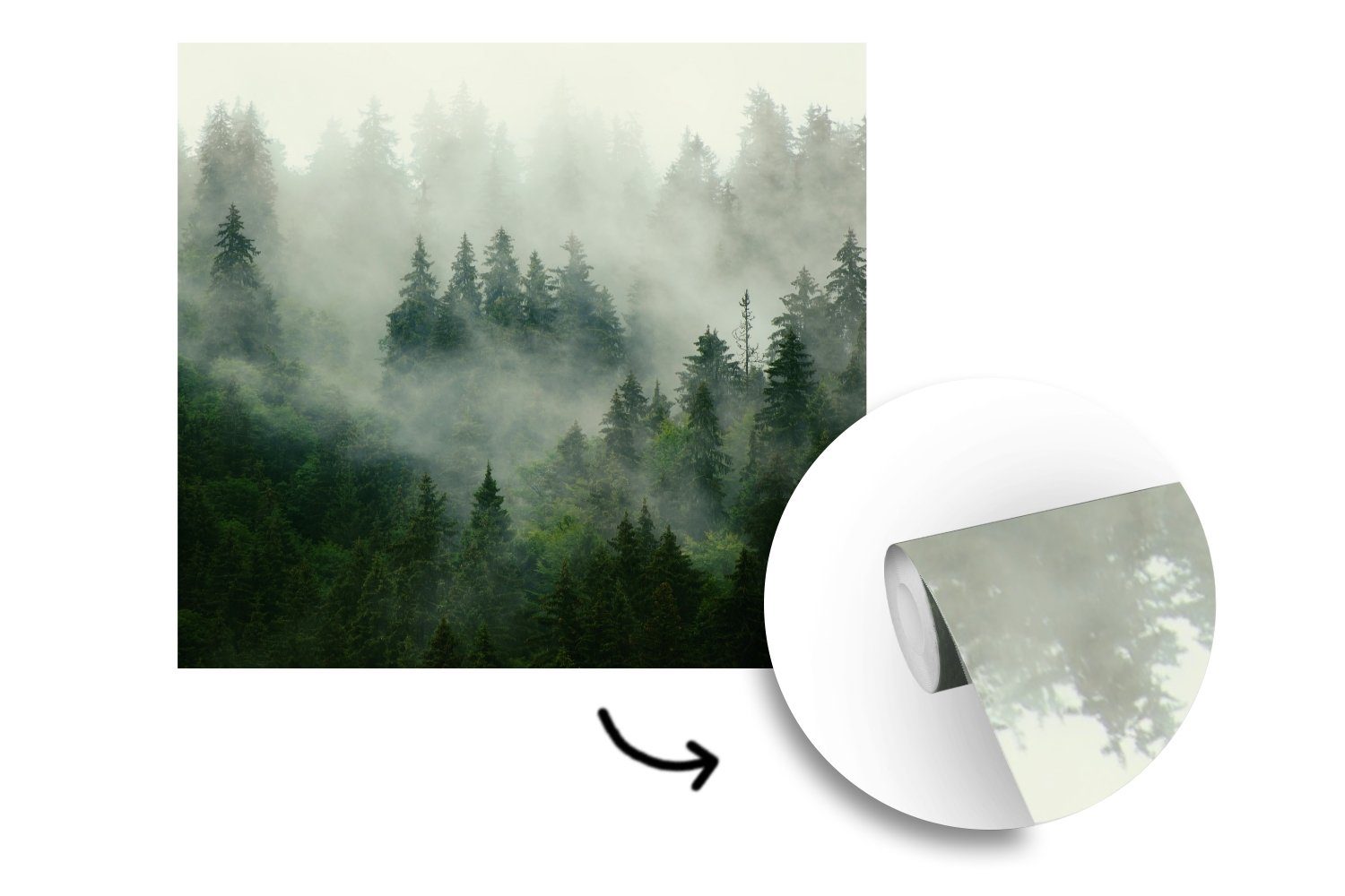 Bäume Wandtapete - - Schlafzimmer, für Nebel St), Matt, - oder (5 Fototapete Natur, Tapete Wohnzimmer MuchoWow Wald bedruckt, Vinyl