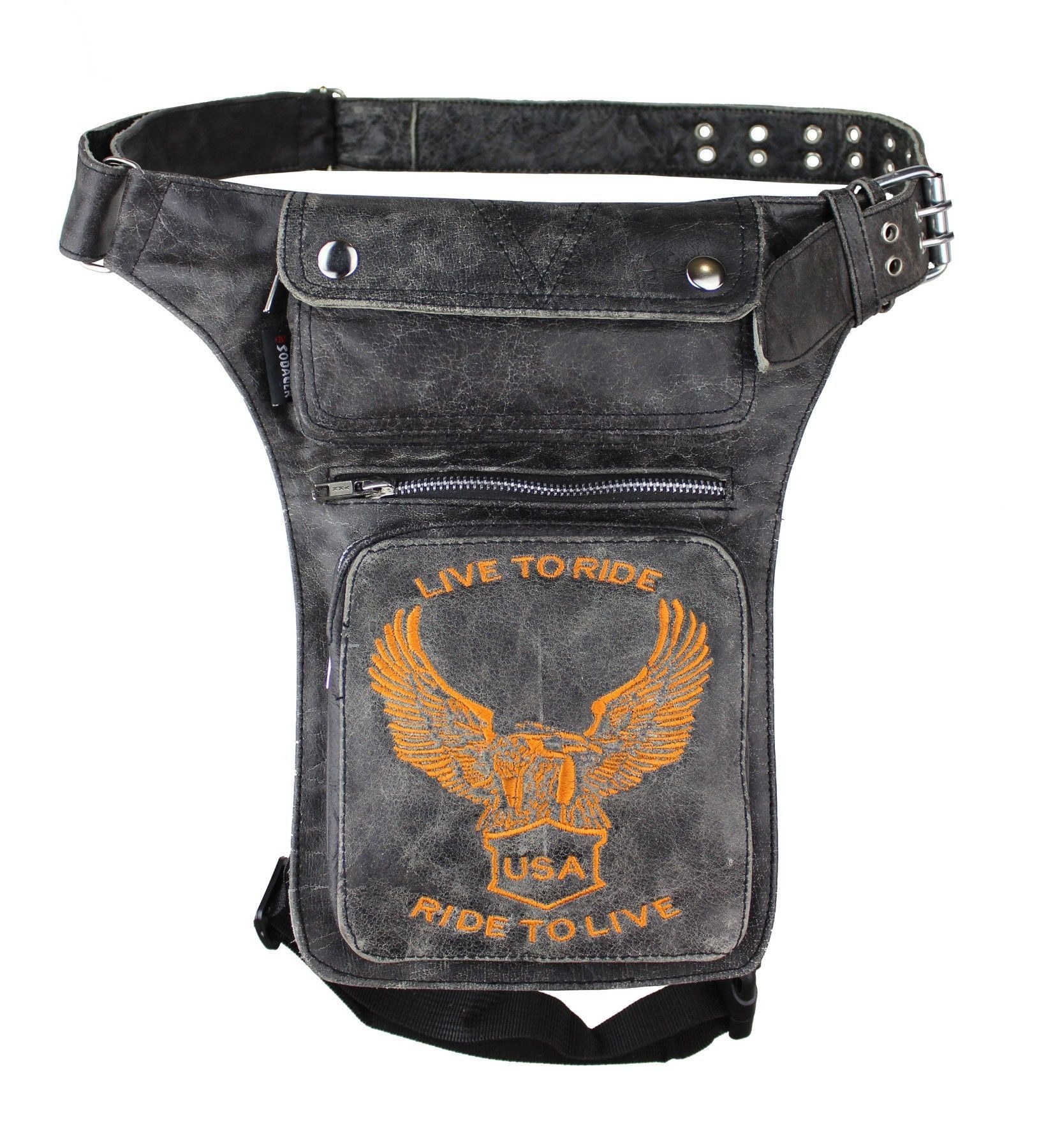 Alpha Speeds Beintasche / Bauchtasche aus Leder (Motorrad & Freizeit) Retro Grau Orange Adler, hochwertiges Echtleder, 3 Frontfächer & 1 großes Rückfach