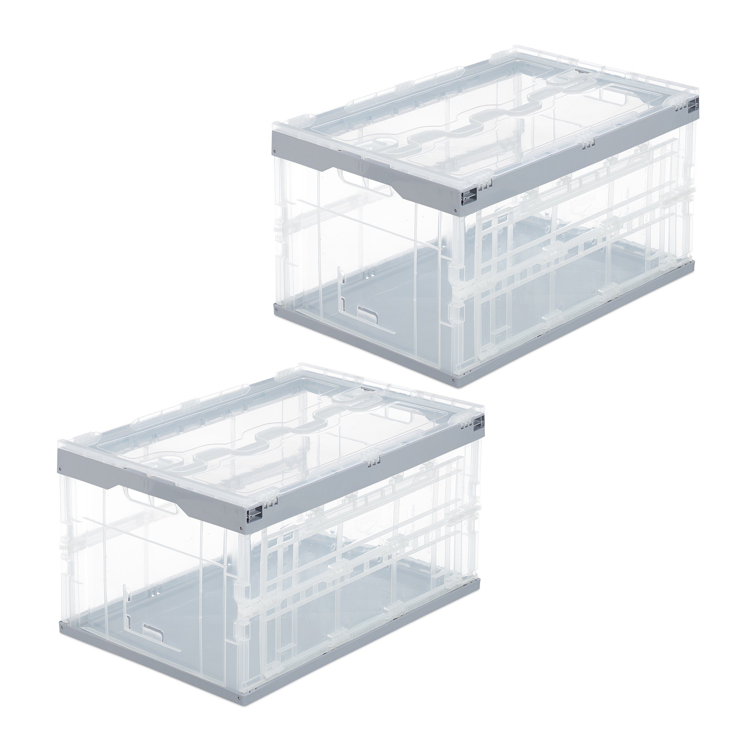 relaxdays Klappbox 2 x Transparente Transportbox mit Deckel