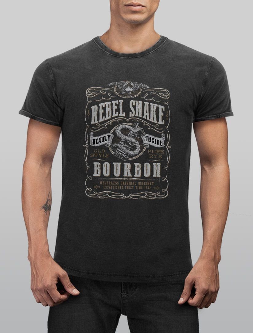 Print-Shirt Slim Retro Used Print Printshirt Fit Look Streetstyle Bourbon mit Vintage Snake Whiskey Neverless Herren Fashion Shirt Aufdruck T-Shirt Emblem Style Rebel Neverless®