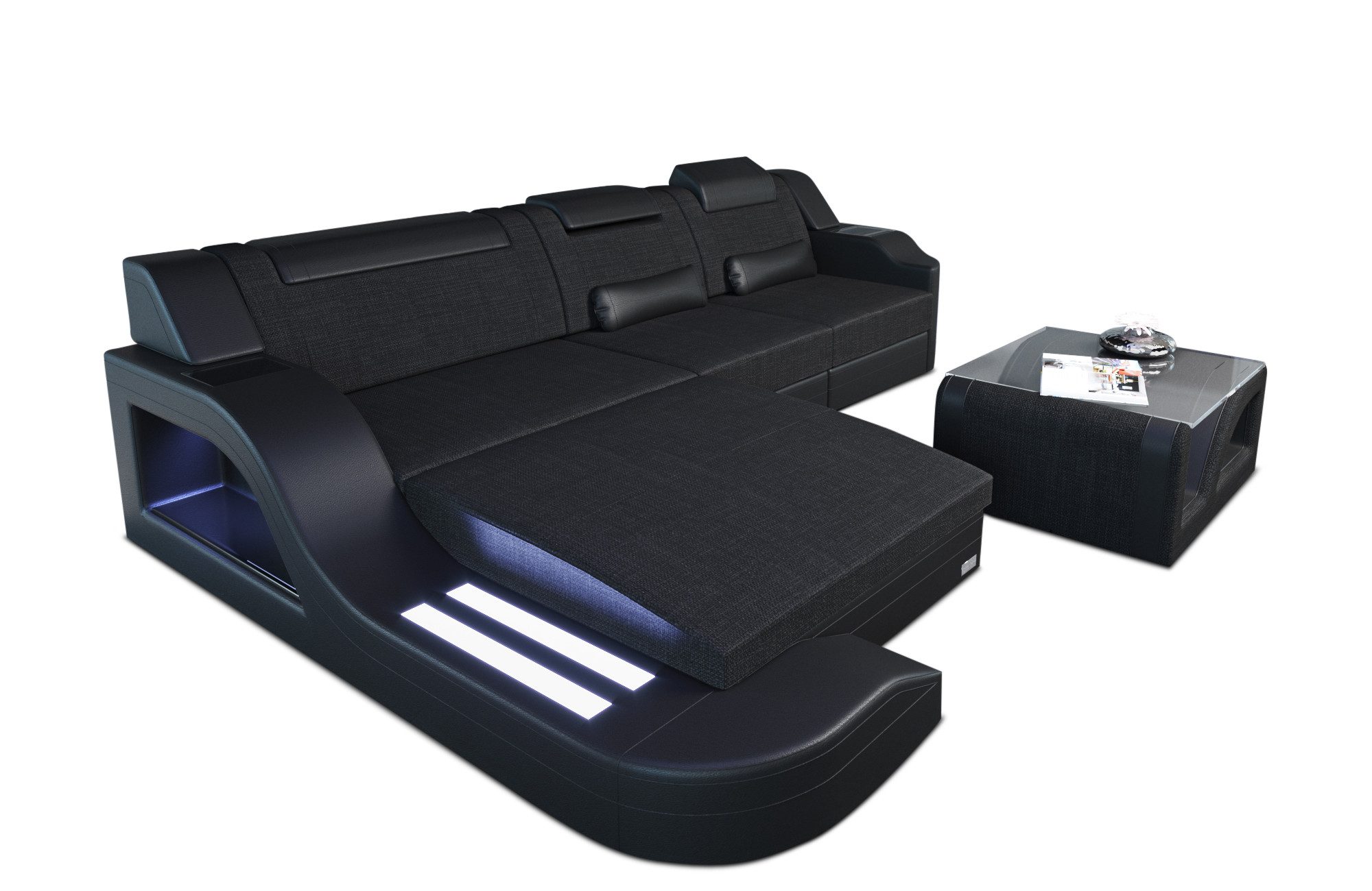 Sofa Dreams Ecksofa Stoffsofa Couch Stoff Polstersofa Palermo L Form, mit LED, ausziehbare Bettfunktion, Designersofa
