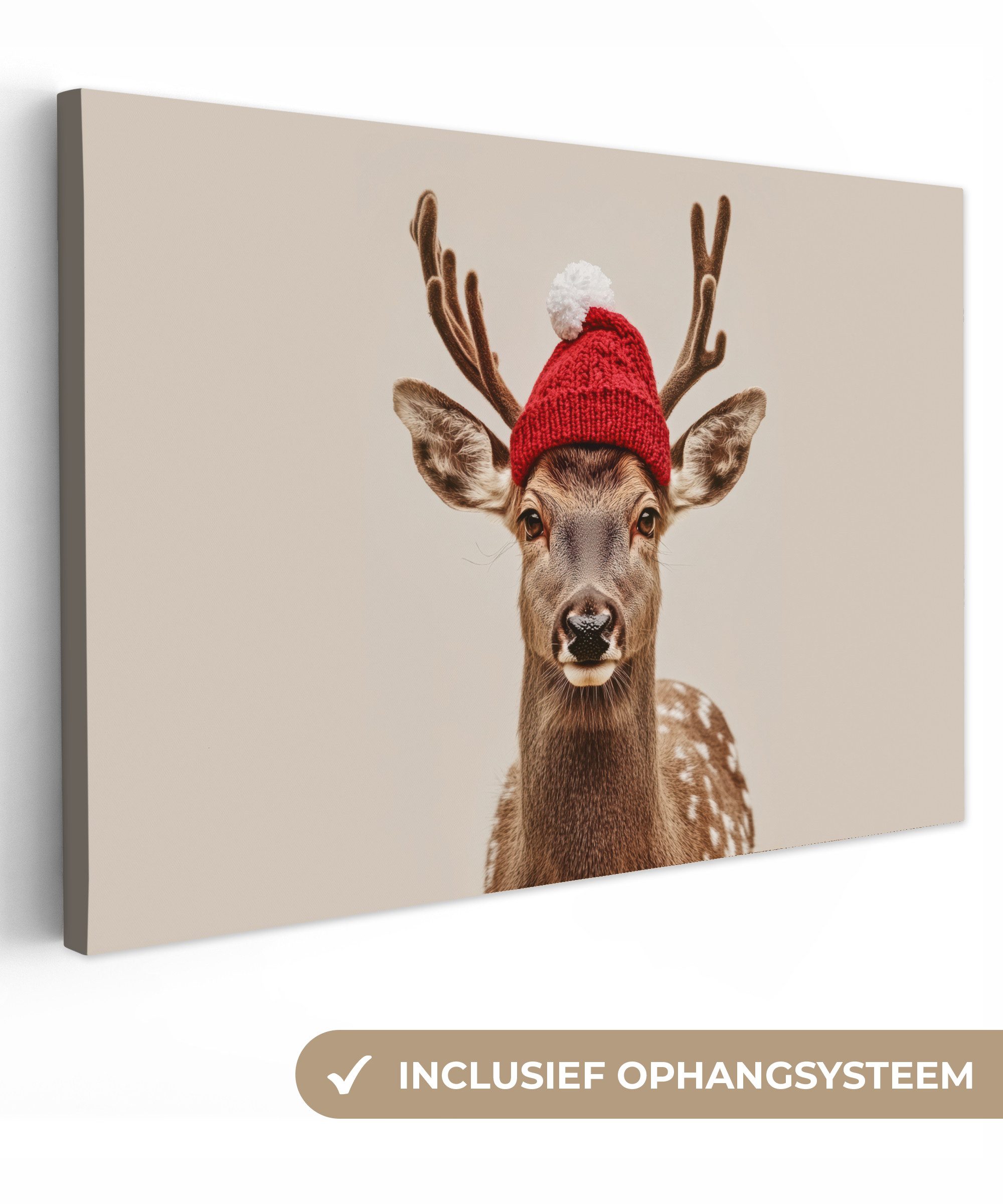 OneMillionCanvasses® Leinwandbild Hirsch - Weihnachten - Hut - Tiere - Winter - Lustig, Fotodruck (1 St), Leinwand Bilder Klein, Wand Dekoration Aesthetic 30x20 cm