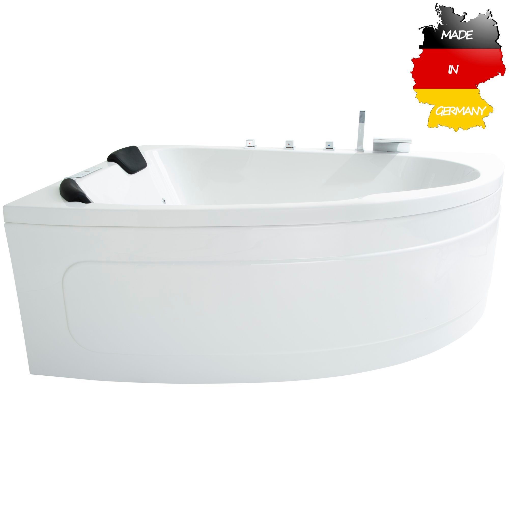 Basera® Whirlpool-Badewanne CLASSIC Indoor Eck-Whirlpool Badewanne Guam Li. 180x130cm für 2 Pers., (Komplett-Set), mit 25 Massagedüsen, Wasserfall, LED, Touchpanel, Bluetooth und Radio