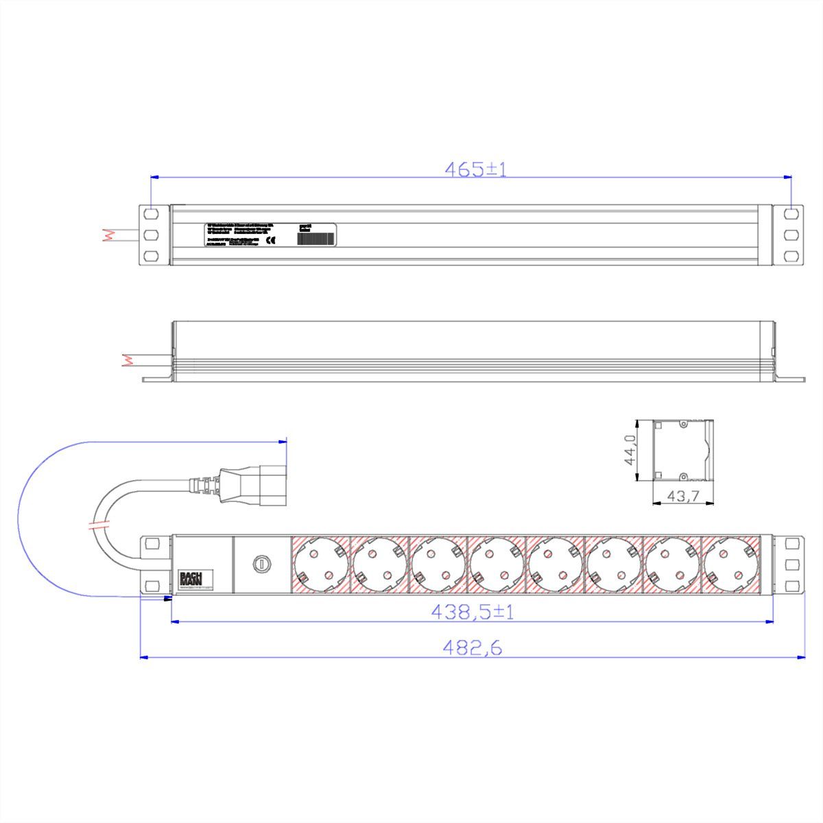 Bachmann 19" Steckdosenleiste 8-fach, 2300W, IEC320 C14 Stecker Steckdosenleiste (Kabellänge 2 m), 333.410