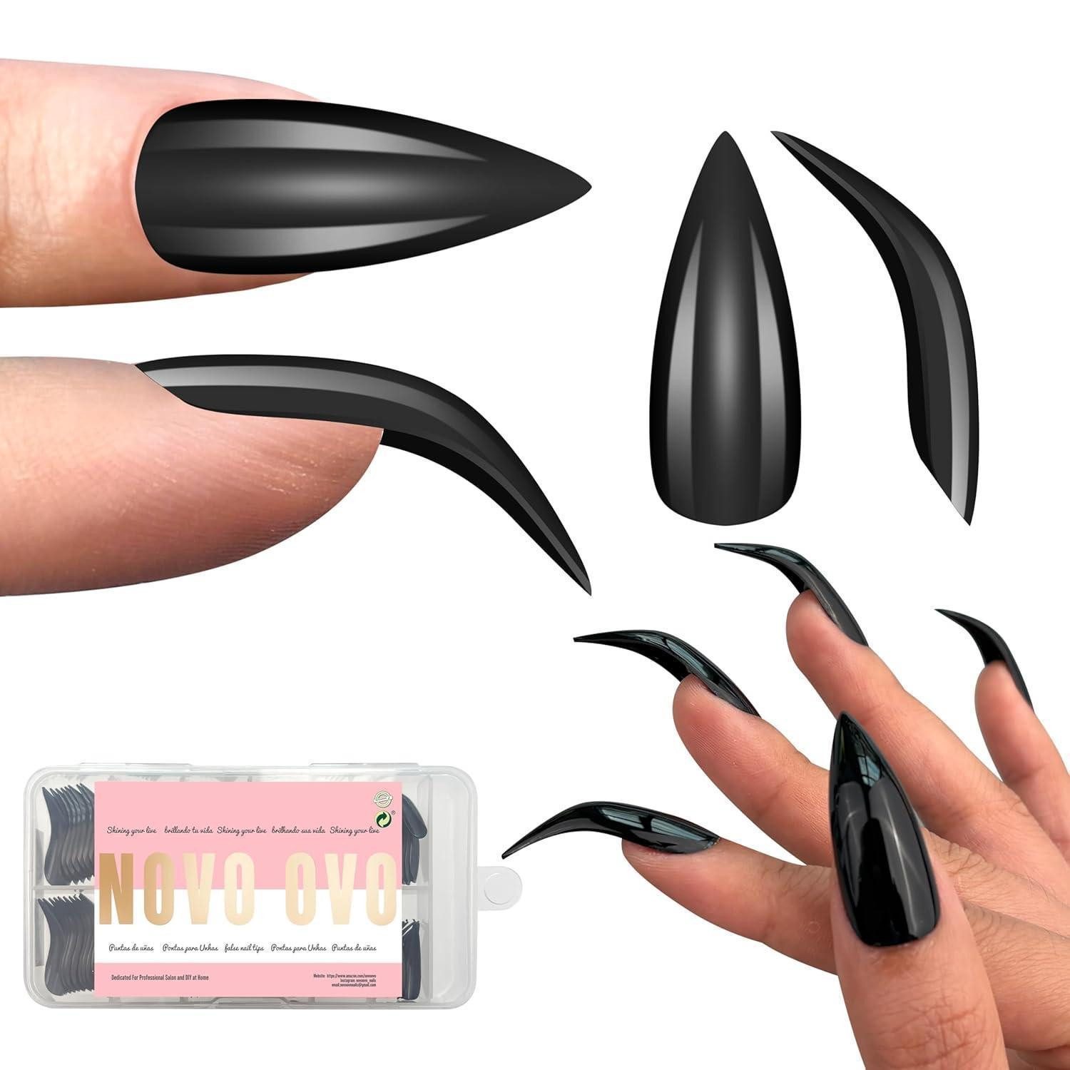 LuxusKollektion Kunstfingernägel Acrylnägel Verlängerungsset 3D Curved Stiletto Medium Black 120 EU