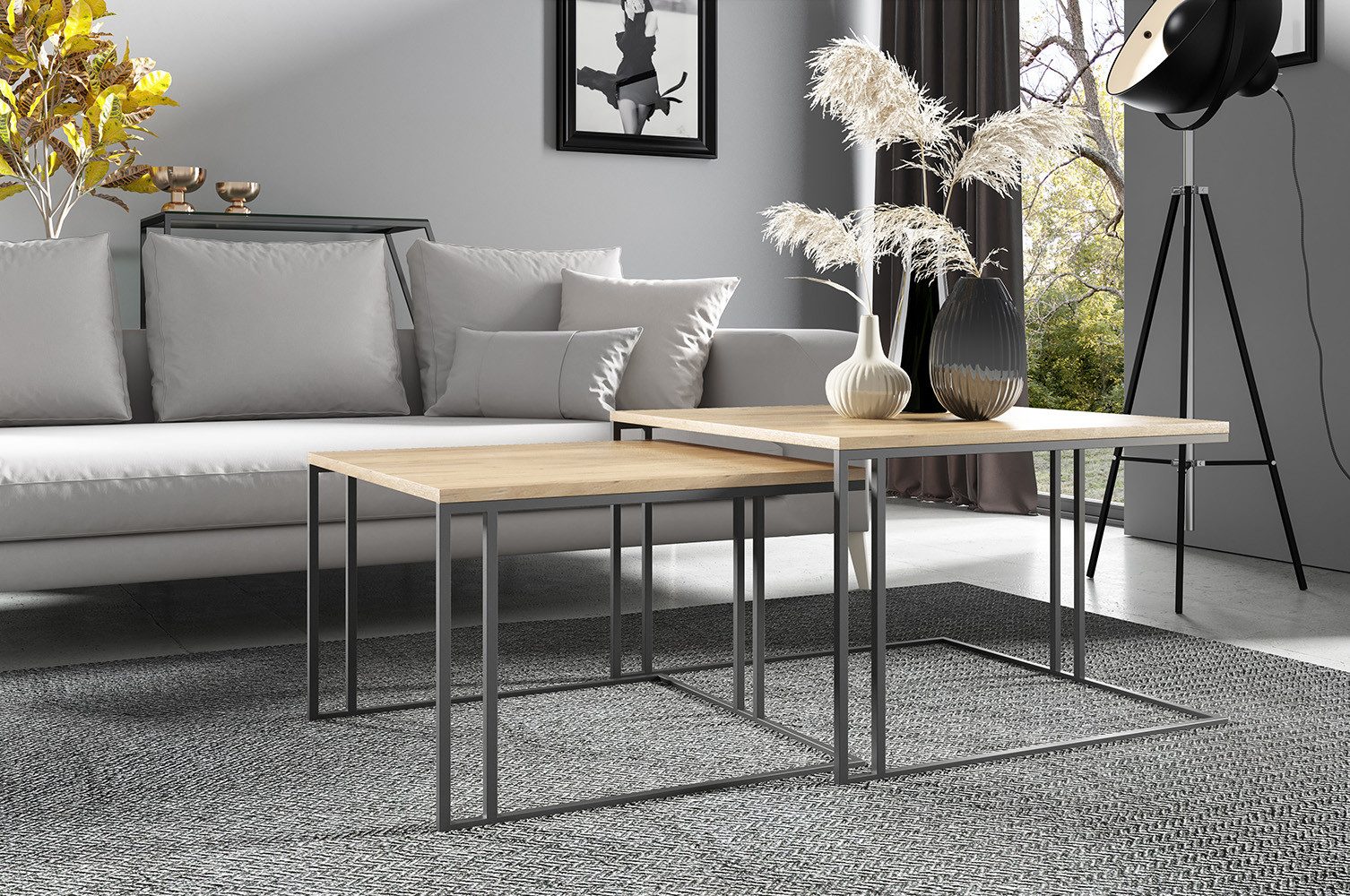 Feldmann-Wohnen Couchtisch Astro (rechteckige Tischplatte, Metallgestell, 1-St., pulverbeschichtetes Gestell, besonders attraktiv, schlicht elegant), 76cm und 66cm, 2-teilig, Schwarz Molet