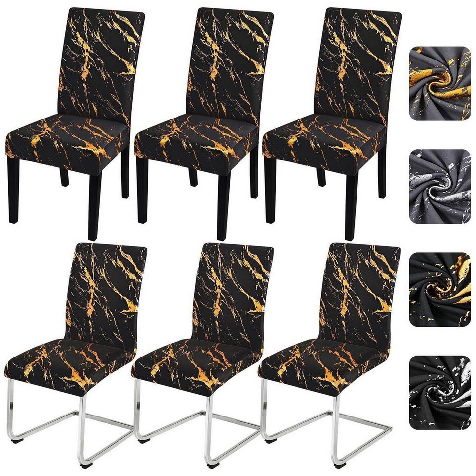 LuxusKollektion Stuhlbezug Stuhlhussen Stretch Waschbar Abnehmbar Schwarz mit Gold 6er Set