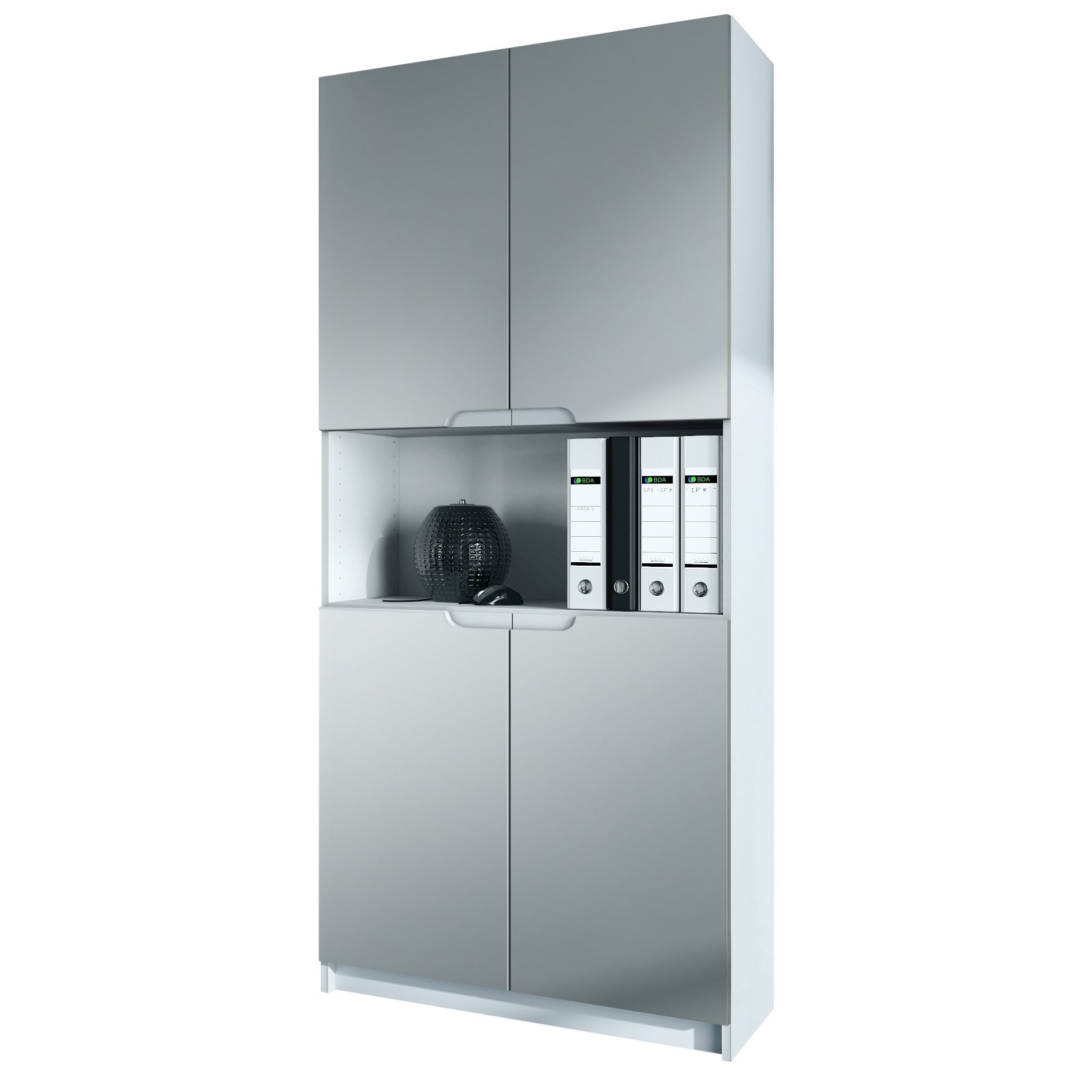 Vladon Aktenschrank Logan (Aktenschrank, mit 5 Fächern und 4 Türen) Weiß matt/Hellgrau Seidenmatt (82 x 184 x 37 cm)