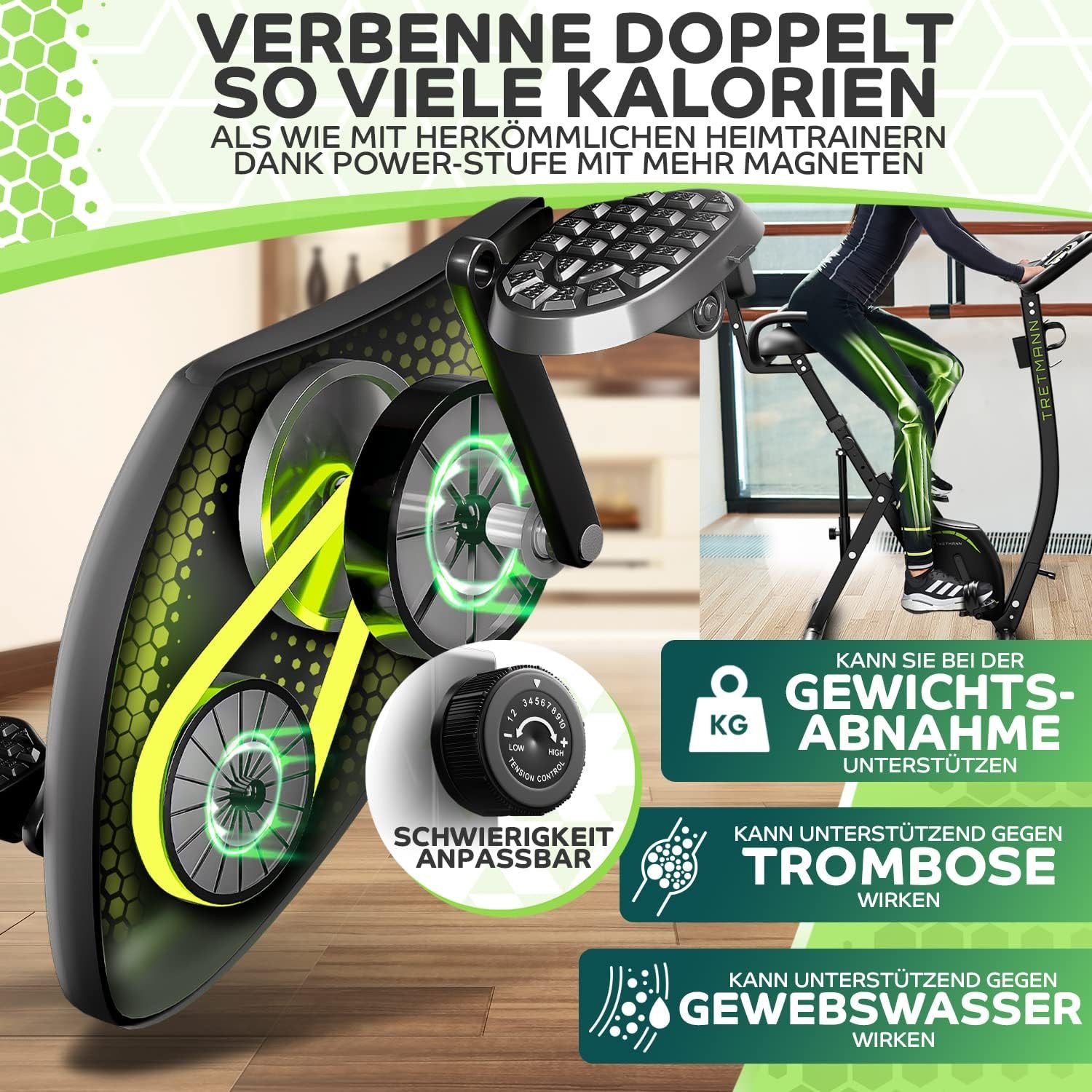 Tretmann Heimtrainer - 3in1 Heimtrainer Fahrrad klappbar -extra leise & komfortabel (1-tlg), DEKRA geprüft - mit tiefem Einstieg Hometrainer Fahrrad