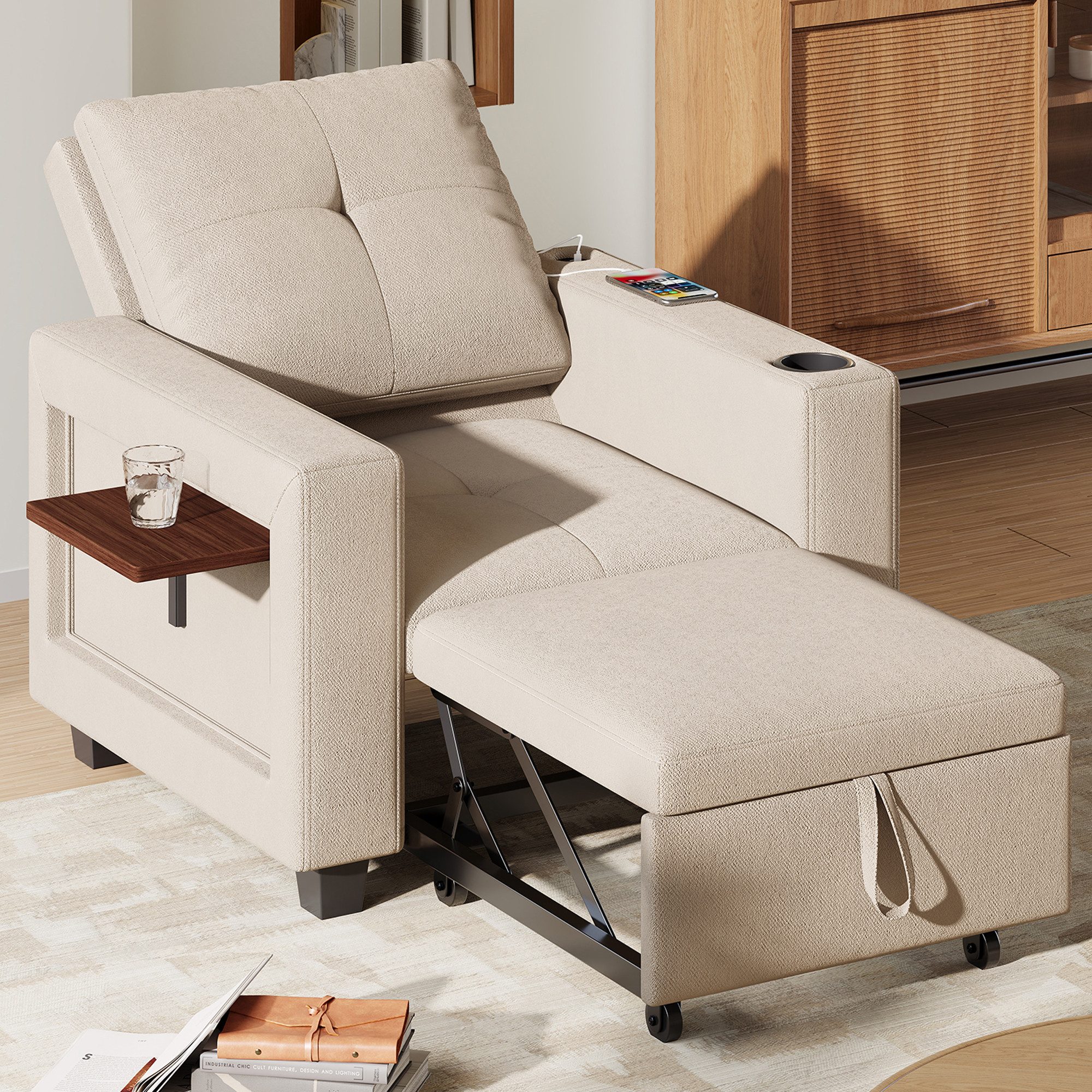 zebery Schlafsofa Daybett Tagesbett Ausziehbares mit Bettfunktion, Set 1 Teile, 90x90x78 cm,Verstellbare Rückenlehne,USB + Typ-C,Getränkehalter,Samt