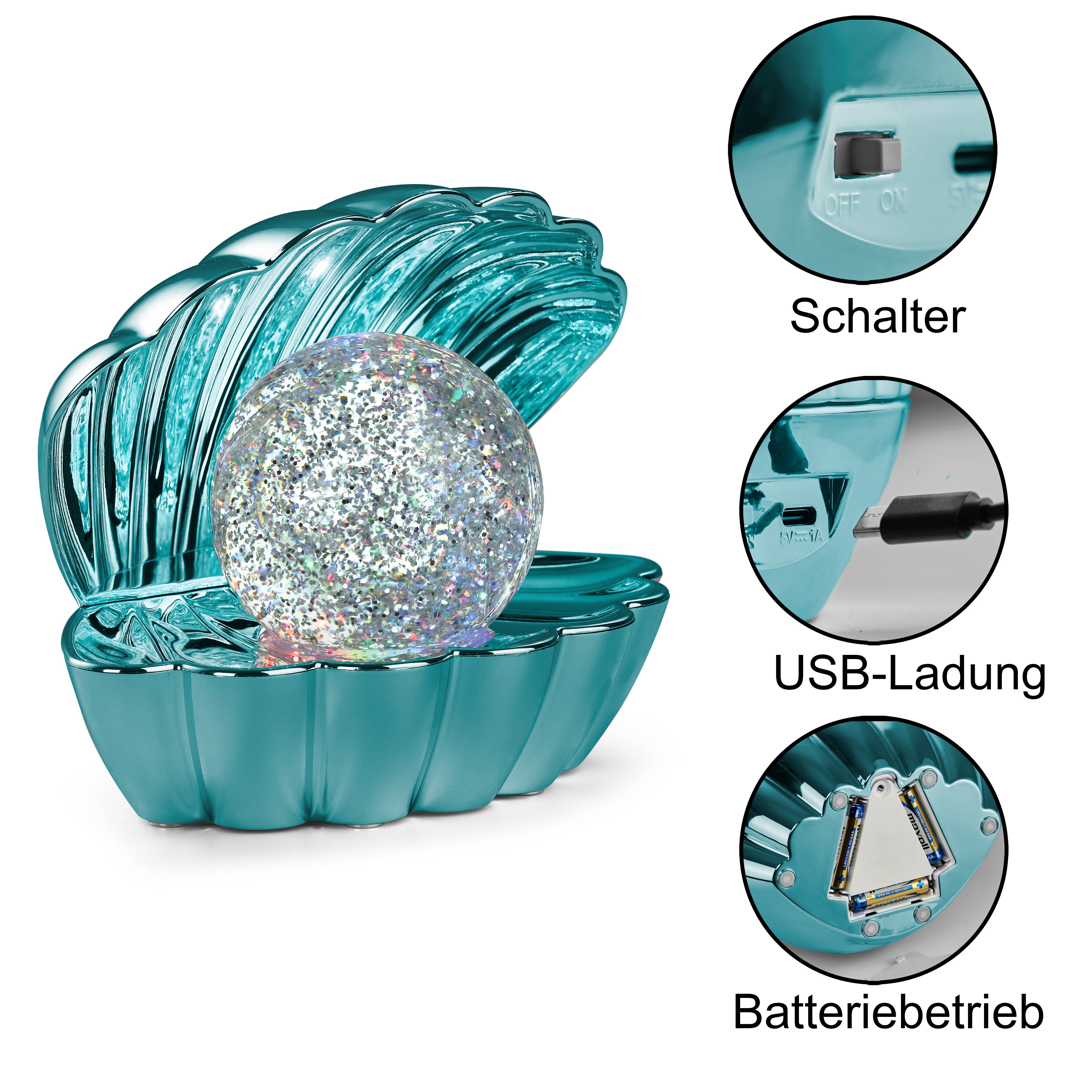 Reality Leuchten LED Tischleuchte SHELLY, Deko Tischlampe in Muschelform mit RGB Farbwechsel, 0,8W 15Lm, Ein-/Ausschalter, Farbwechsel, USB-Ladefunktion, LED fest integriert, RGB, Muschel Tischlampe mit Glitzerkugel und Farbwechsel inkl USB-Ladekabel