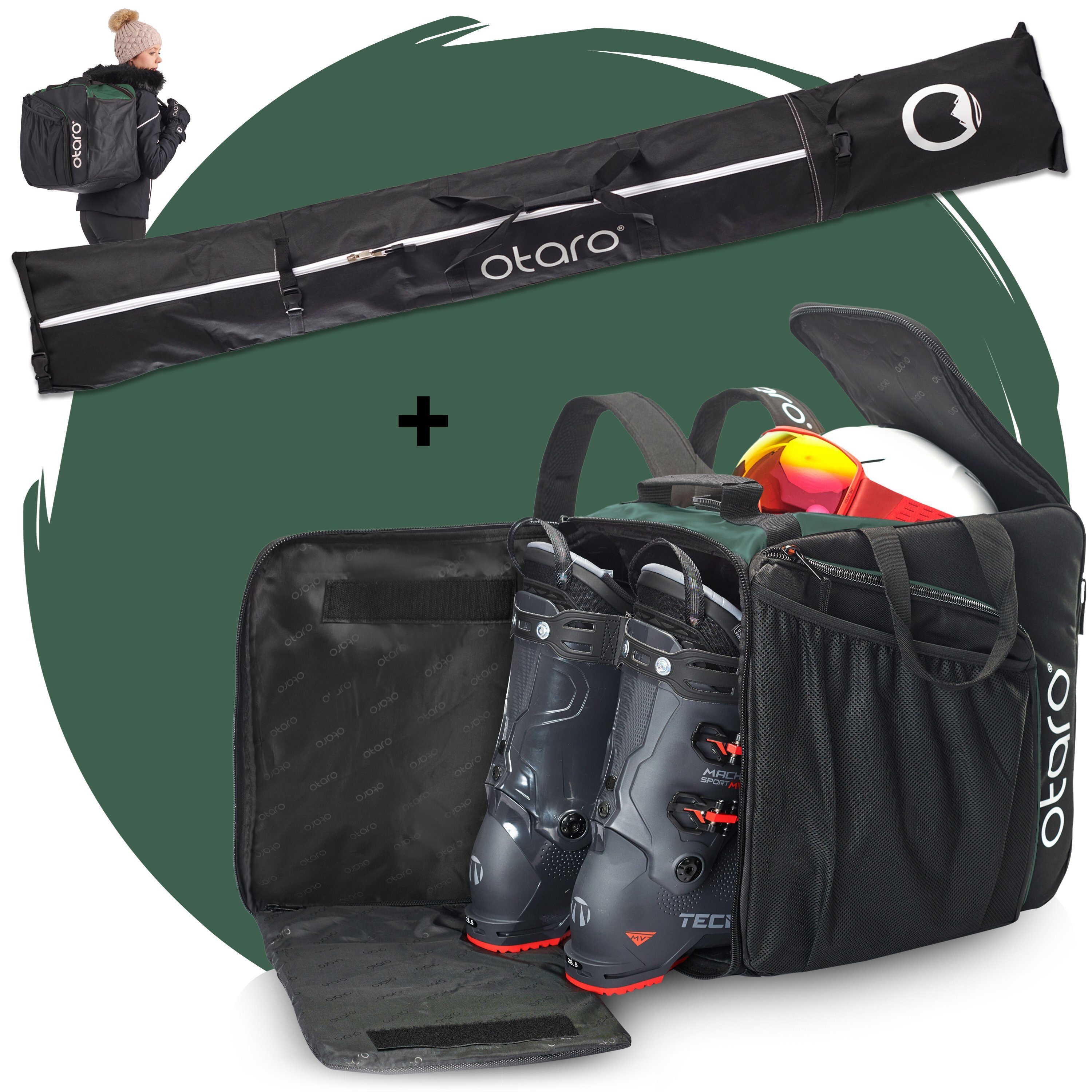Otaro Sporttasche Set: Skischuhtasche & Skitasche, Pro-Set für 1 Paar Ski (Schutz für deine Ausrüstung, Perfekt durchdacht, ausklappbare Standfläche, für 1 Paar Ski + Stöcke) Schwarz Tannengrün | Sporttaschen