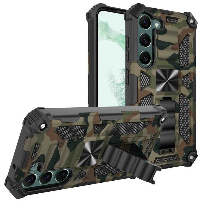 Wigento Handyhülle Für Samsung Galaxy S23 Plus Camouflage Shockproof Armor Military TPU Schutz Tasche Hülle Cover Grün