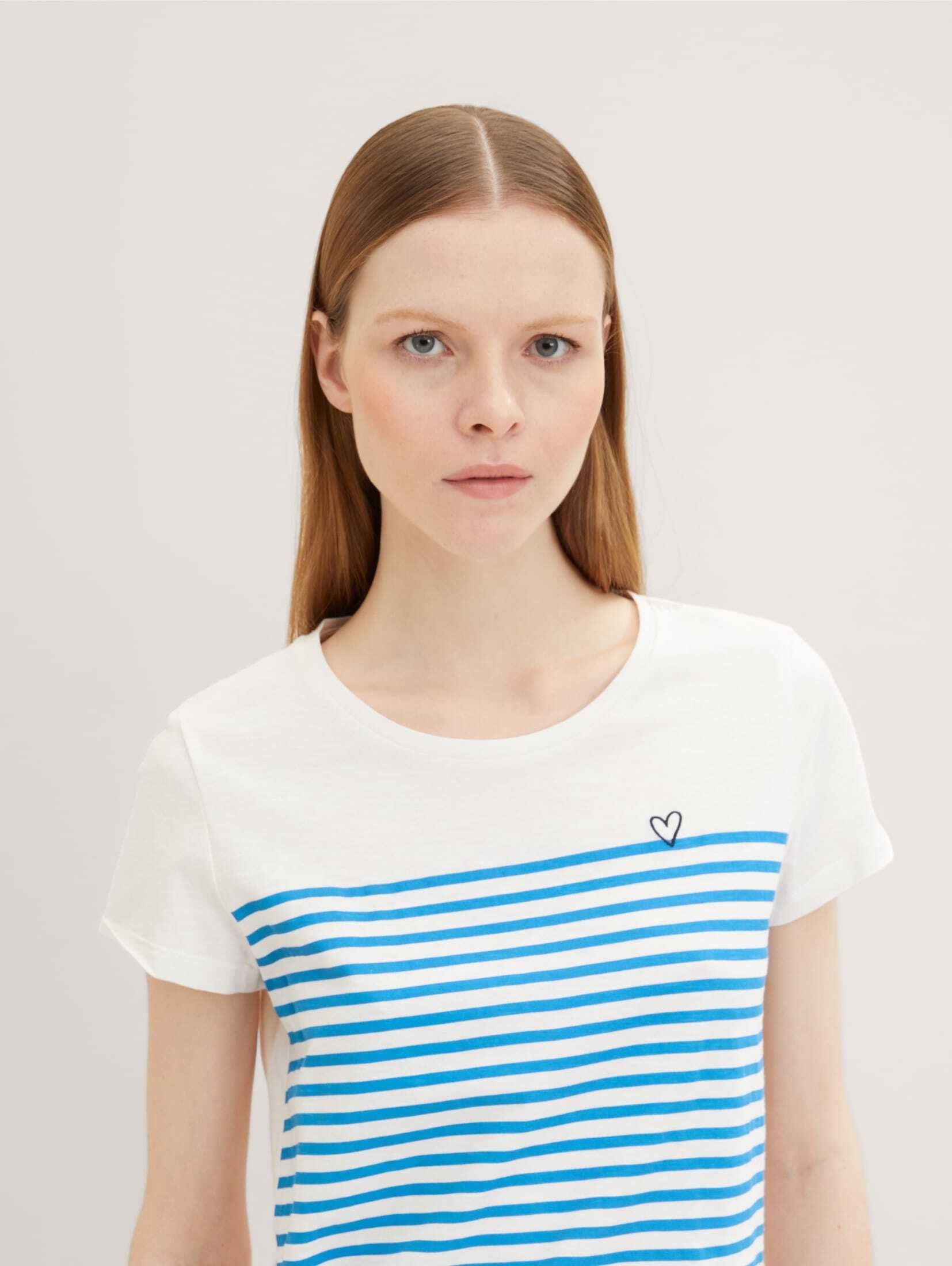 T-Shirt Langarmshirt blue kleiner Denim TOM white Stickerei Gestreiftes mit mid stripe TAILOR
