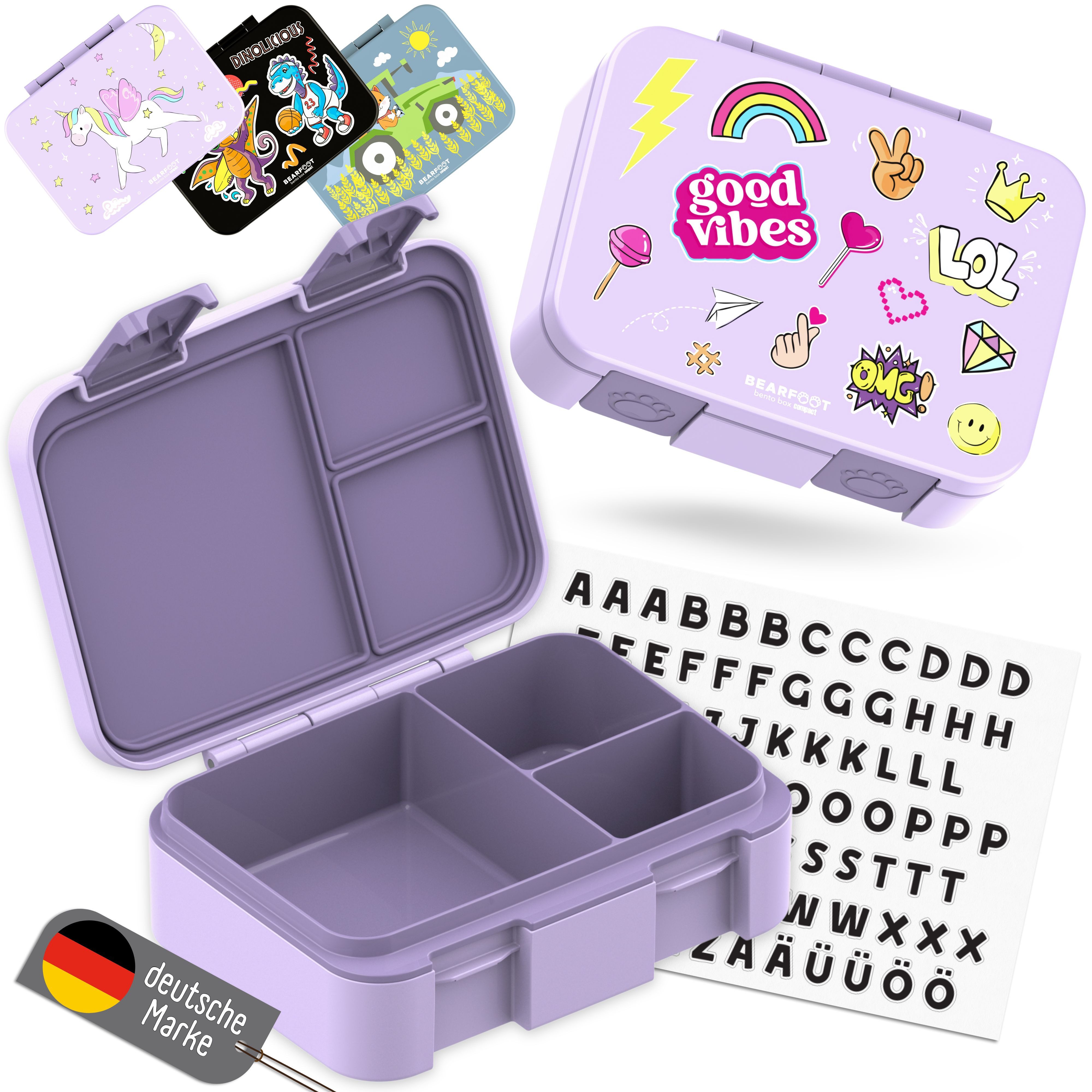 BEARFOOT Lunchbox Brotdose mit Fächern, leicht & auslaufsicher - Sticker lila, PP, ABS, Silikon, Kindergarten und Schule - Mädchen und Jungen, Vesperbox, Snackbox