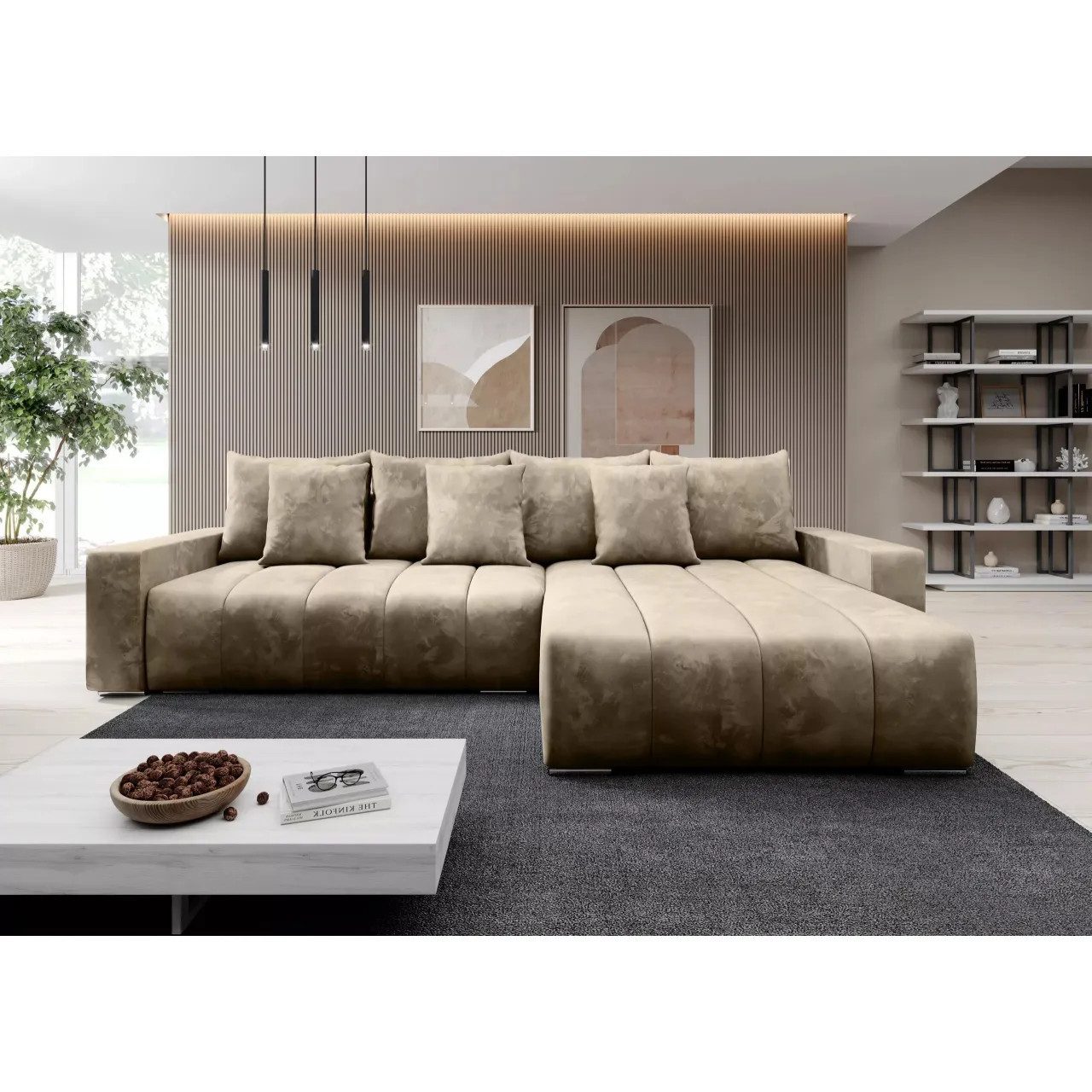 Muffo Ecksofa PIANO, elegante vertikale Nähte, Bettzeugablage, Schlaffunktion 234x137, Lose Rückenkissen