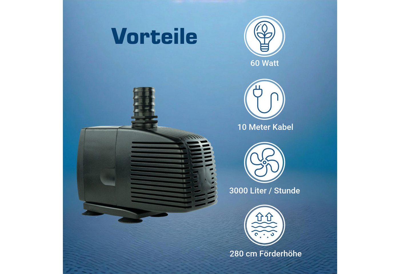 Thumbnail - KERRY Teichpumpe 230 V – 3.000 L/H, 10m Kabel, 280 cm Förderhöhe, 60 Watt, Wasserpumpe