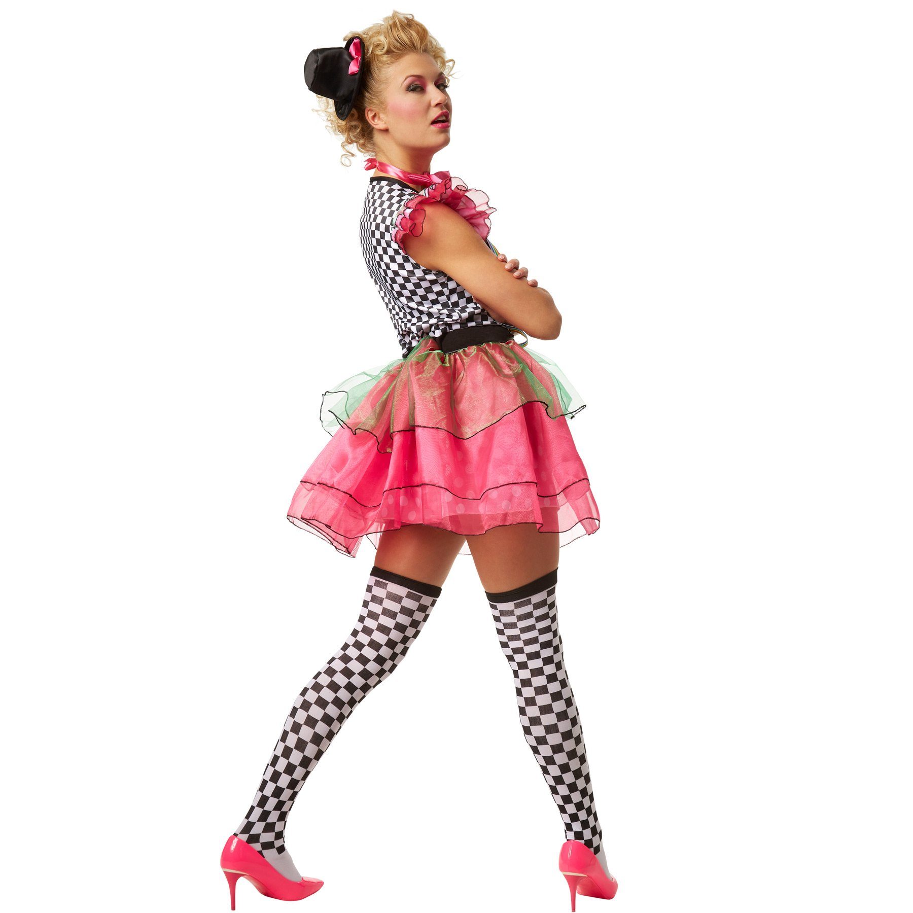 dressforfun Clown-Kostüm Frauenkostüm Neon Clown, Schrill-buntes Einteiler Kleid aus Elastik-Jersey