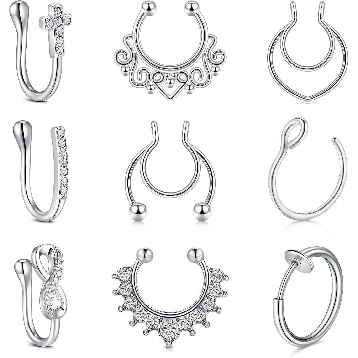 LuxusKollektion Nasenpiercing Nasenpiercing Septum Fake Clip Hoop Nasenring Damen 9 Stk Silber