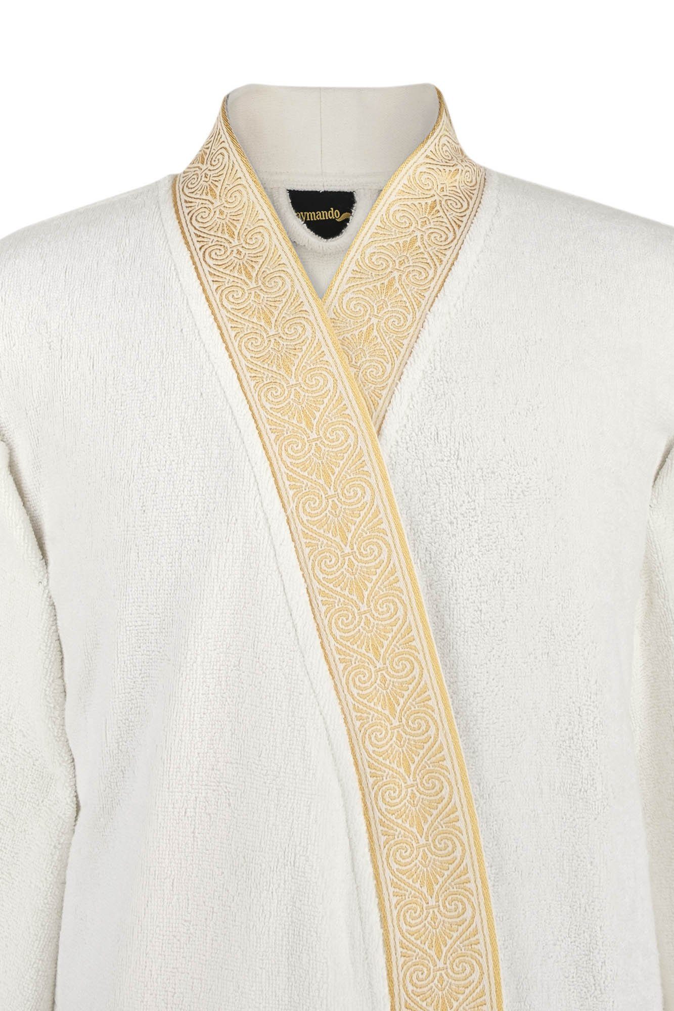 Blende S, Ornament Baumwolle, Weiß, Optik, Gold 100% Bindegürtel, Kimono-Kragen, gestickte Geschenkverpackung mit Aymando Bademantel