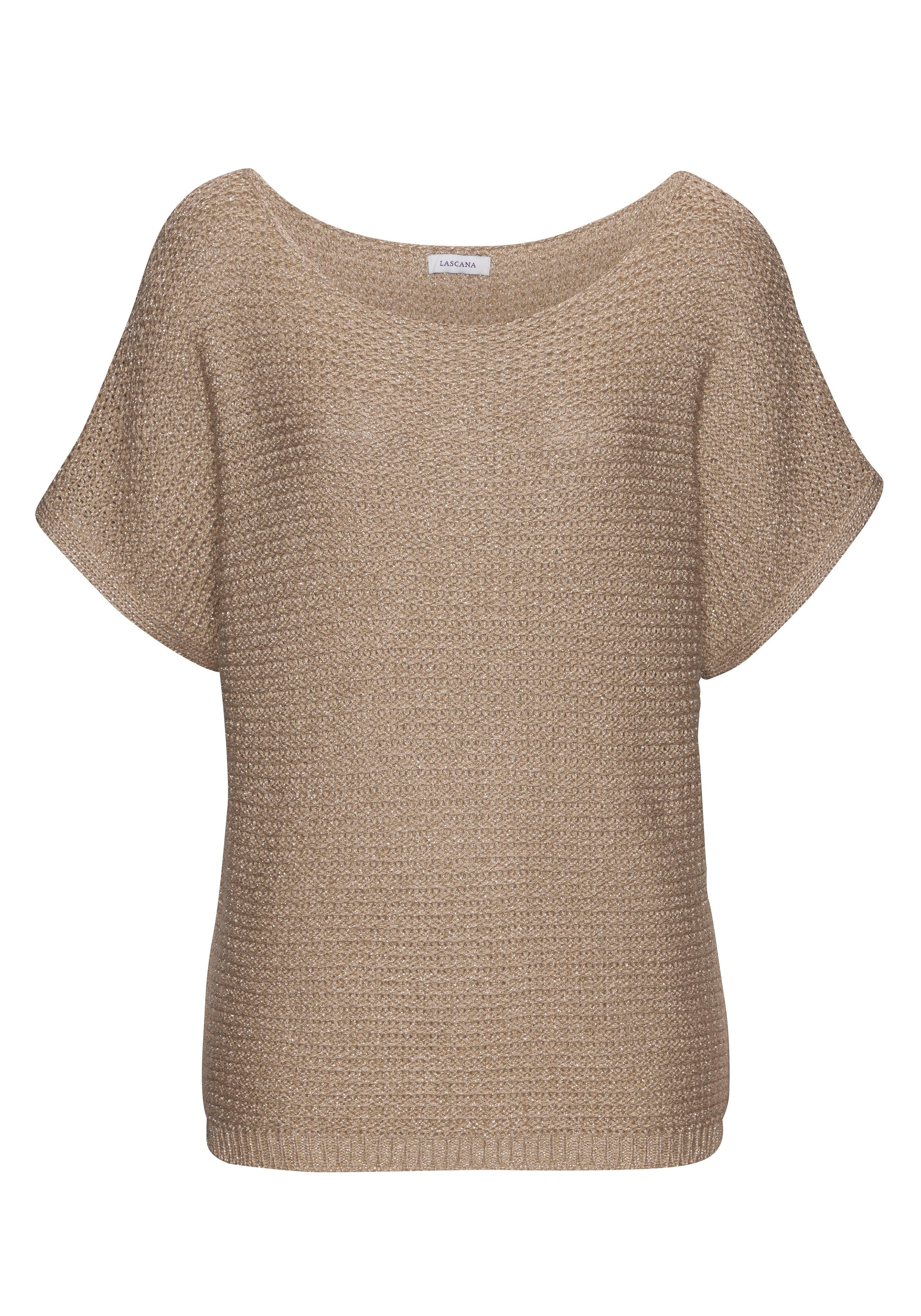 LASCANA Kurzarmpullover in luftigem Ajourstrick, leichter Sommerpullover, Metallic-Effekt