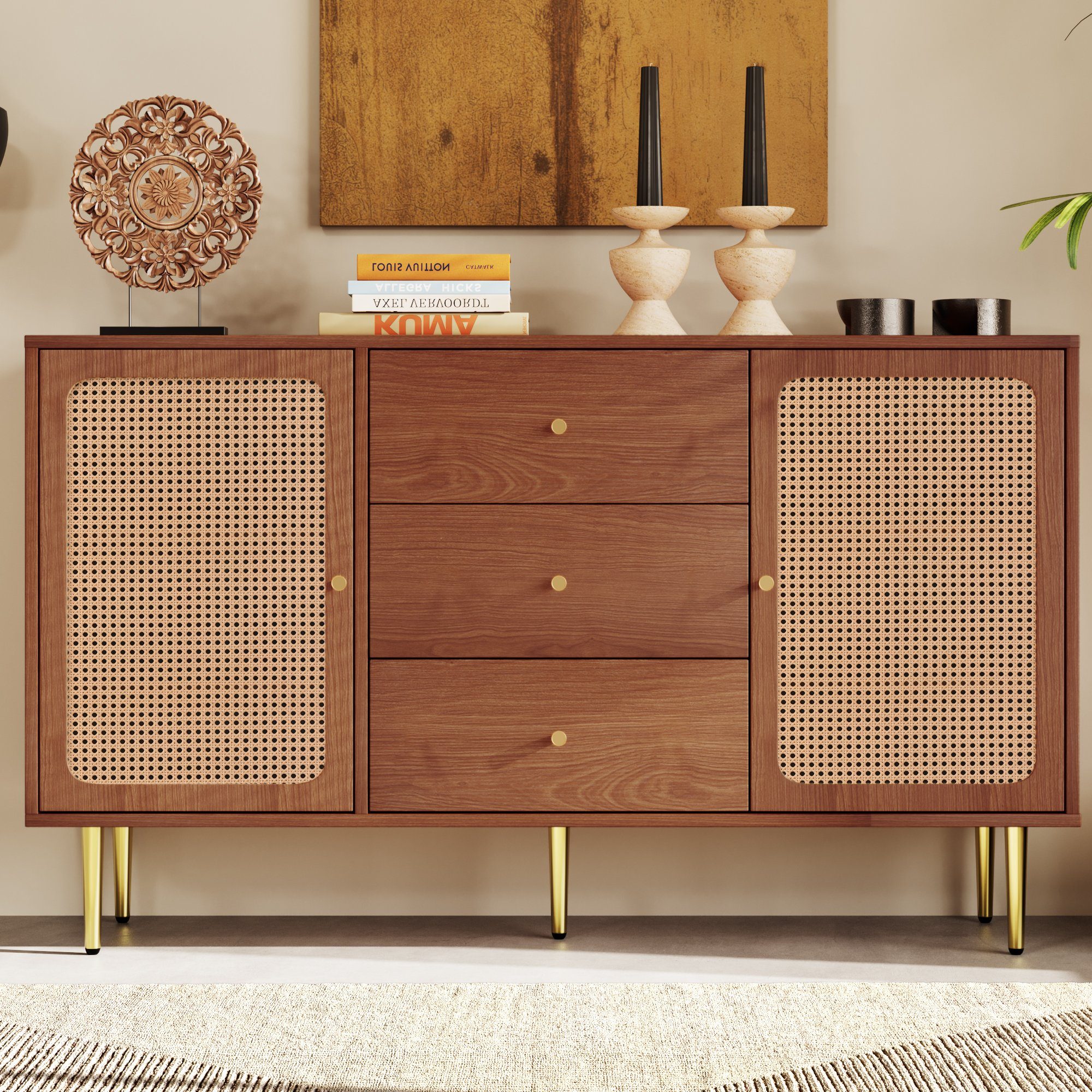 Kommode (Schubladenkommode), Sideboard mit 2 Türen und 3 Schubladen, Rattan, 150x40x90cm