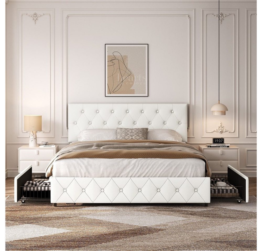 Yaheetech Polsterbett Doppelbett mit 2 Schubladen, Bettgestell 160 x 200 cm, Kopfteil hochstellbar, aus Kunstleder