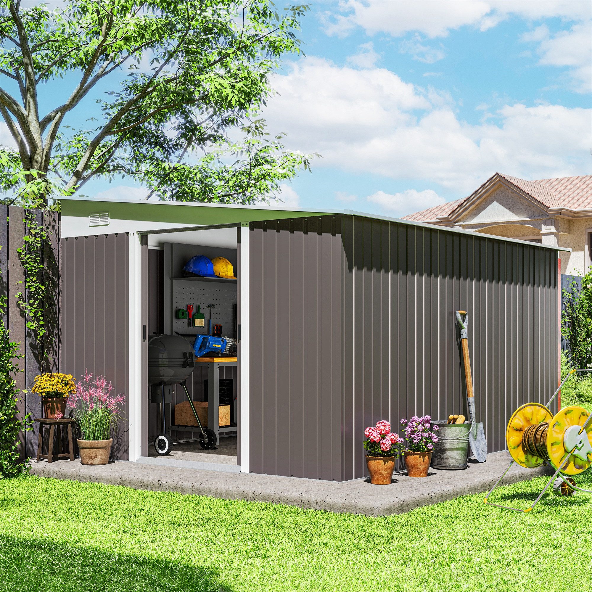 Outsunny Gerätehaus Metall Geräteschuppen mit Pultdach Schiebetür wetterfest 19,4m³, BxT: 280x345 cm, (Gartenhaus, 1 St., Geräteschuppen), für Garten, Grau