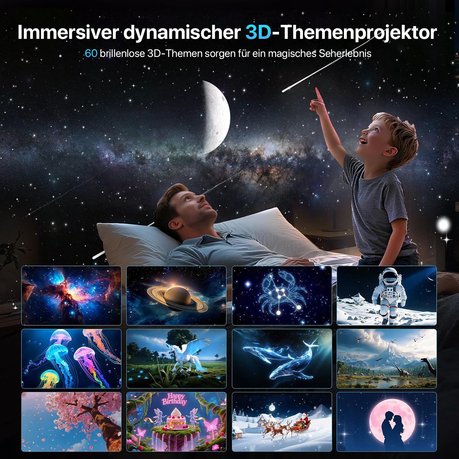 ANYSUN LED-Sternenhimmel Projektor HD 3D Galaxy Projector Nachtlicht Kinder, 3D-Projektion mit Bluetooth-Lautsprecher,Fernbedienung,Timer-Funktion, 60 Projektionsthemen, 220° Projektionswinkel & Einstellbarer Fokus